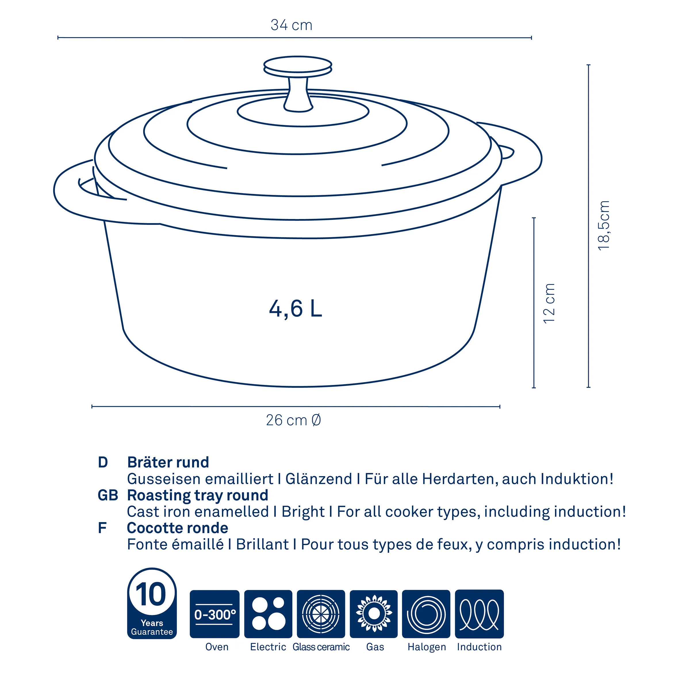 Runder Bräter Gusseisen 4,6L - Cocotte für alle Herdarten Runder Bräter mit Deckel, 4,6 L Volumen, 26 cm Durchmesser, emailliertes Gusseisen, für alle Herdarten inkl. Induktion
