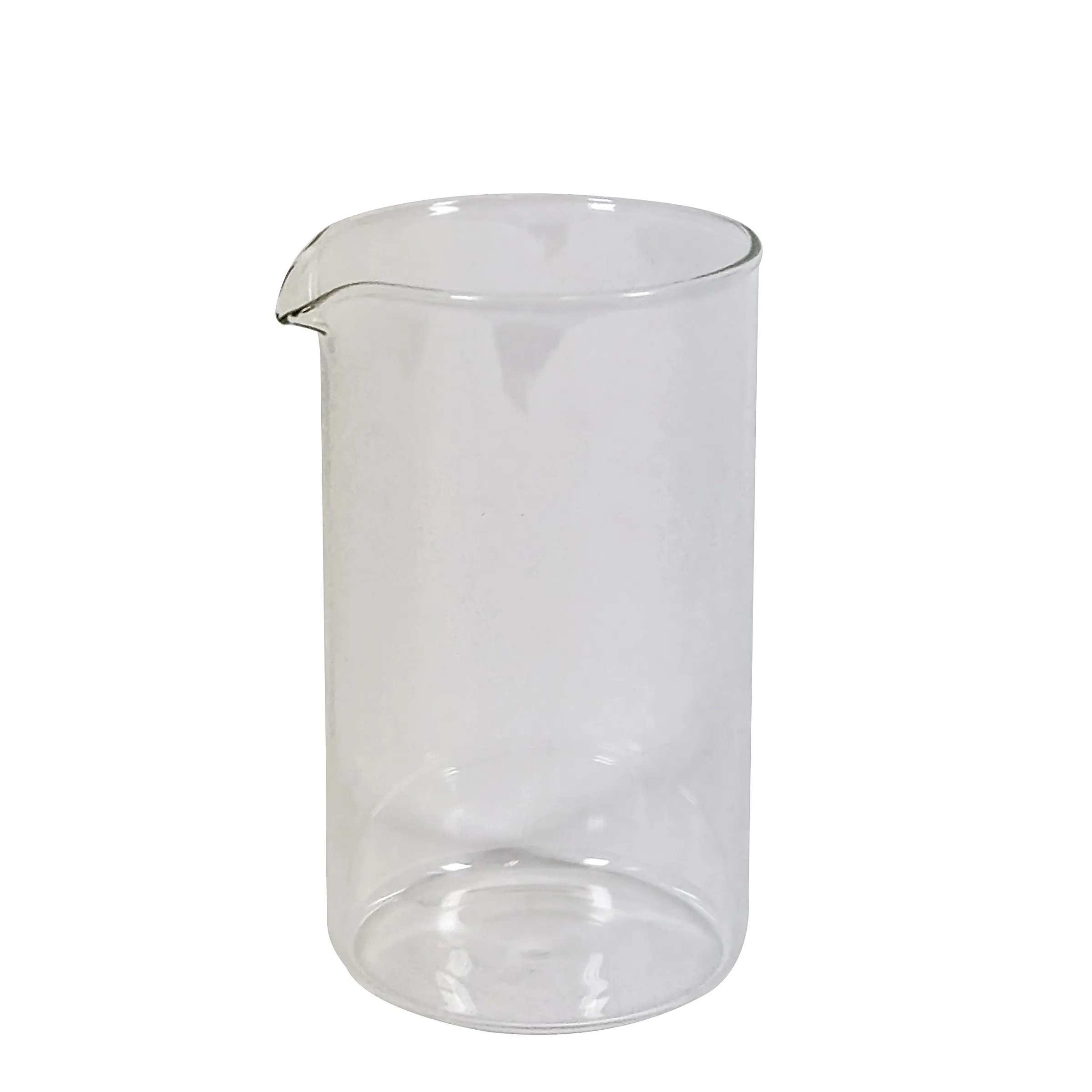 Glaskanne transparent Küche Wasser Kaffee Transparente Glaskanne mit Ausguss, zylindrische Form, leer, vor weißem Hintergrund