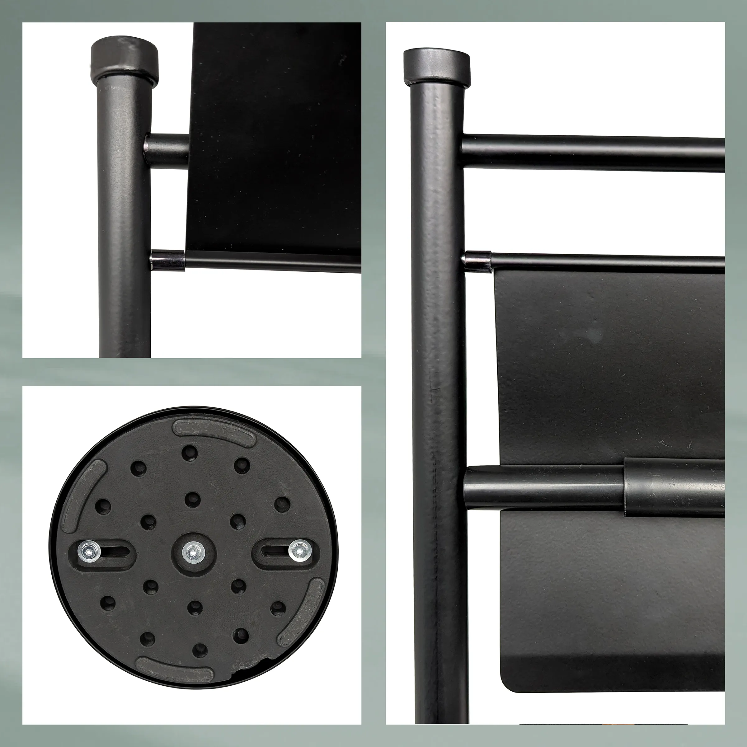 Schwarze Metallstange mit Befestigungsteilen, Draufsicht der runden Basis mit Bohrungen und Befestigungslöchern