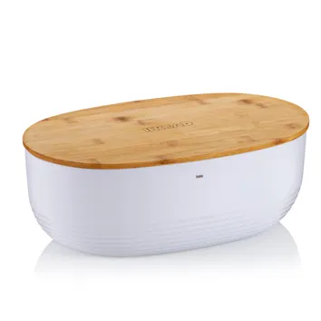 Weiße ovale Brotzeitdose mit Bambusdeckel und Gravur, modernes Küchendesign