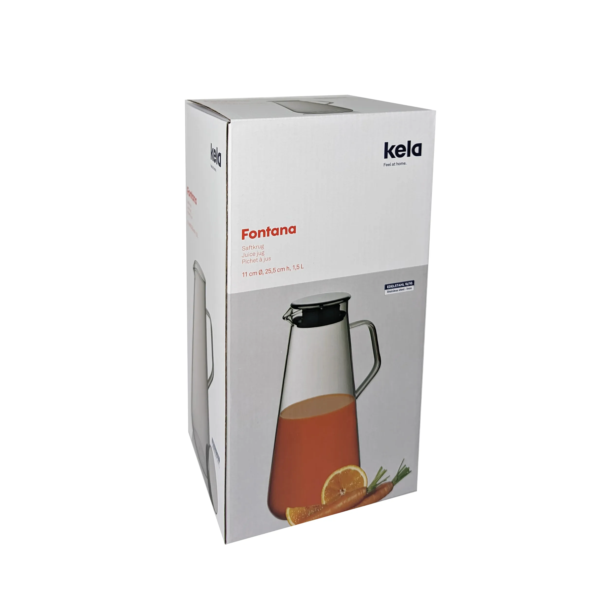 Kela Fontana Saftkrug 1,5L - Glaskrug mit Deckel Kela Fontana Saftkrug aus Glas mit schwarzem Deckel, gefüllt mit rotem Saft, auf Verpackung mit Orangenscheibe und Karotte