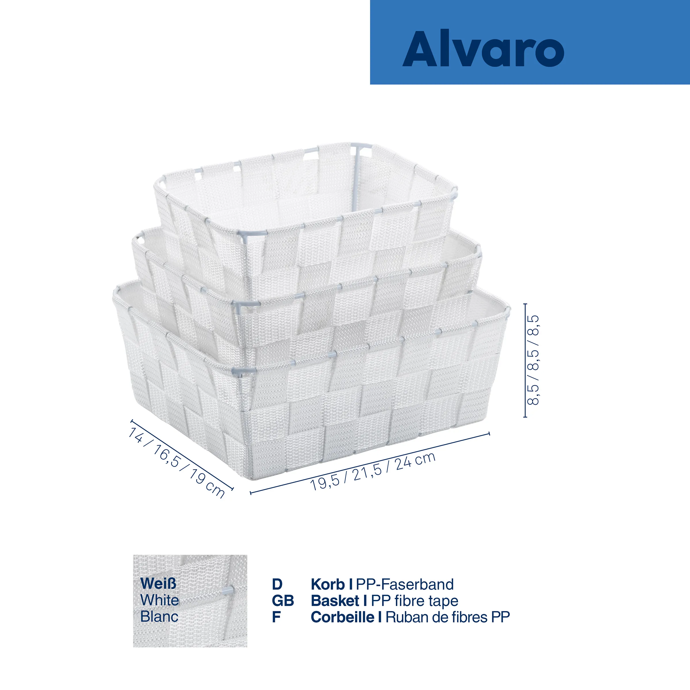 Alvaro Aufbewahrungskörbe weiß stapelbar PP-Faserband Alvaro Weiße stapelbare Aufbewahrungskörbe aus PP-Faserband in verschiedenen Größen mit Maßangaben