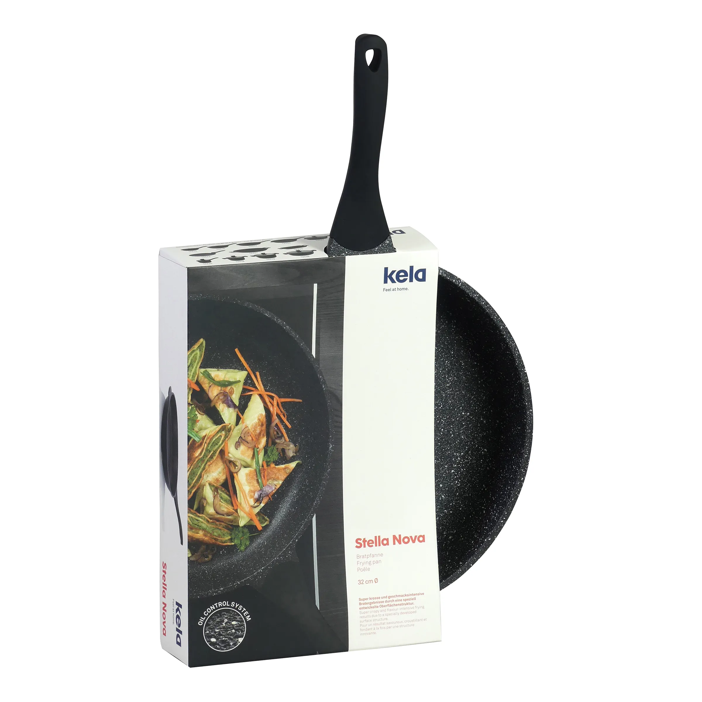 Kela Stella Nova Bratpfanne 32 cm mit Induktion Kela Stella Nova Bratpfanne 32 cm mit schwarzem Griff und Verpackung auf weißem Hintergrund