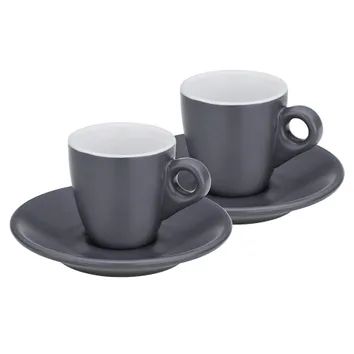 Zwei dunkelgraue Espressotassen mit weißem Innenglasur und passenden Untertassen. Die Tassen haben ergonomische Griffe.