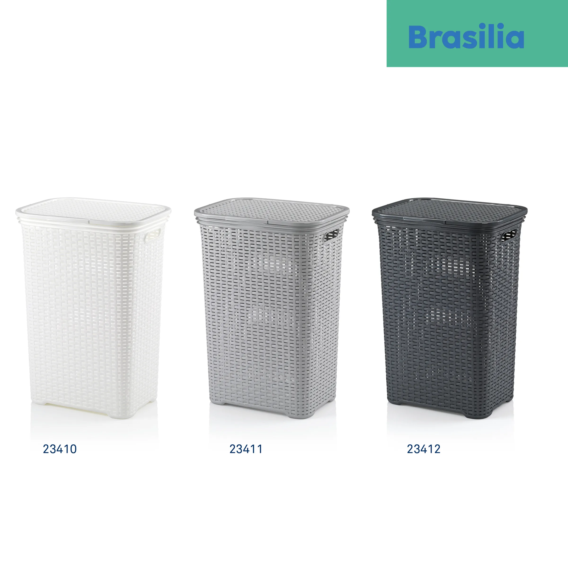 Brasilía Wäschekörbe mit Rattan-Optik in drei Farben - Wäschesammler mit Deckel Drei Brasilía Wäschekörbe mit Rattan-Optik in Weiß, Grau und Anthrazit mit Produktnummern 23410, 23411, 23412