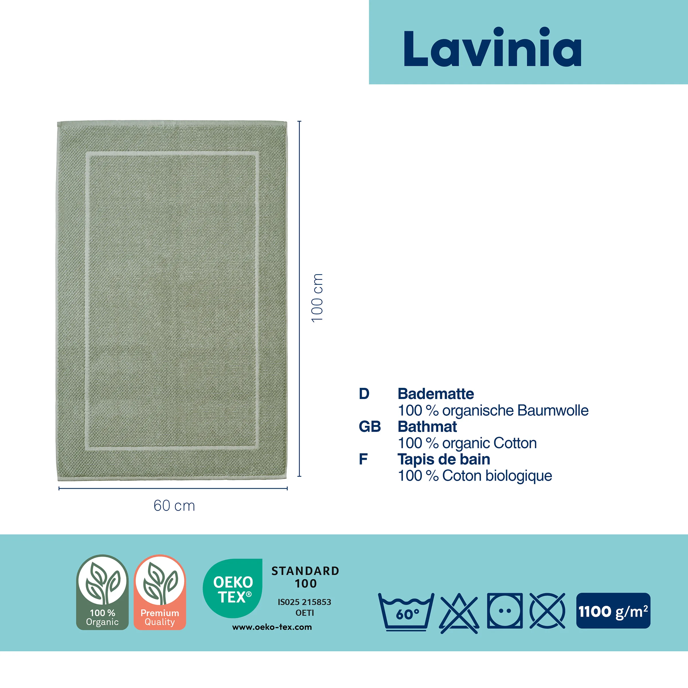 Lavinia Bio-Badematte aus organischer Baumwolle – OEKO-TEX Standard 100 zertifiziert Lavinia Bio-Badematte 60x100cm in Salbeigrün mit Rahmendesign, 100% organische Baumwolle, OEKO-TEX zertifiziert