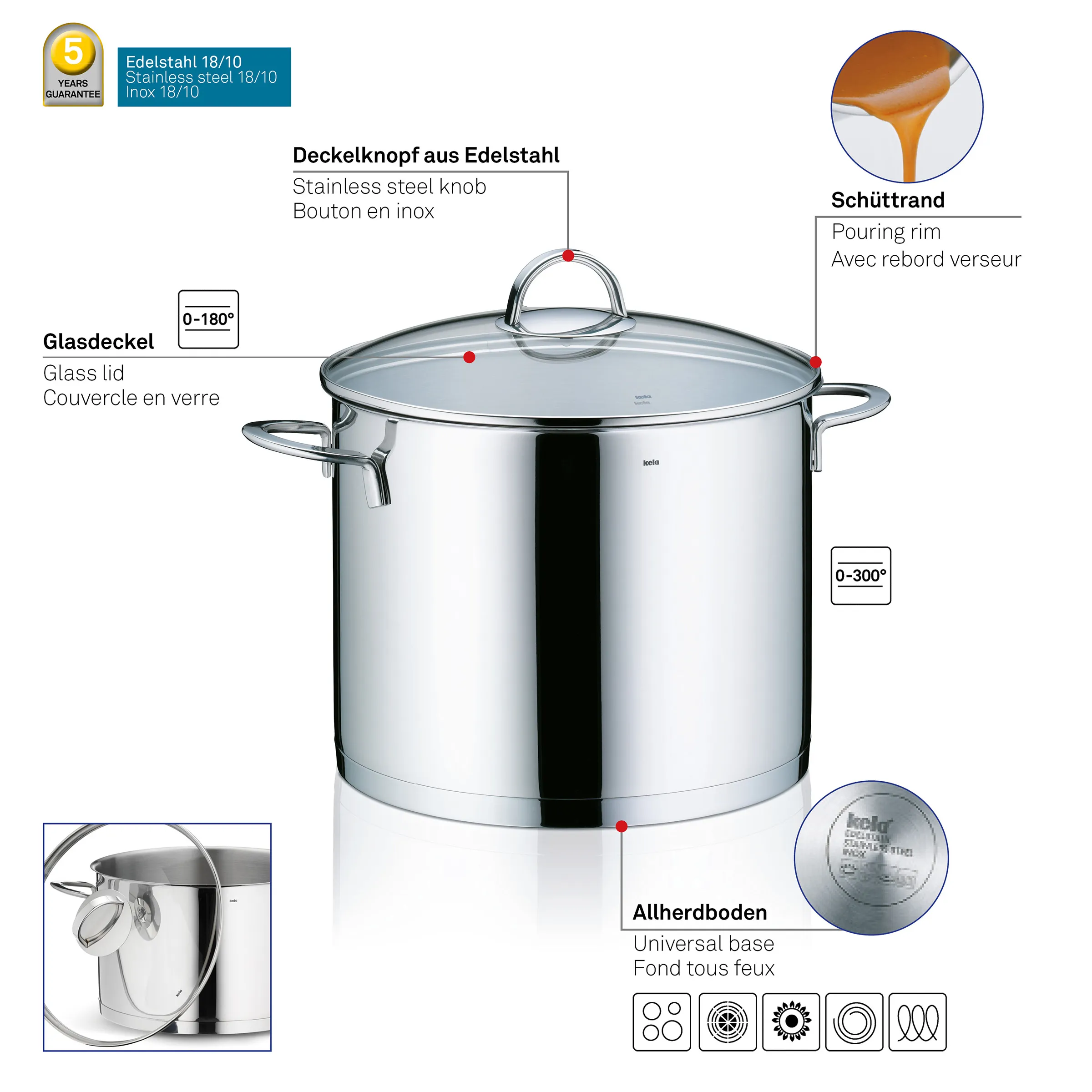 Edelstahl Kochtopf mit Glasdeckel und Allherdboden Edelstahl Kochtopf mit Glasdeckel, Schüttrand und Allherdboden für alle Herdtypen