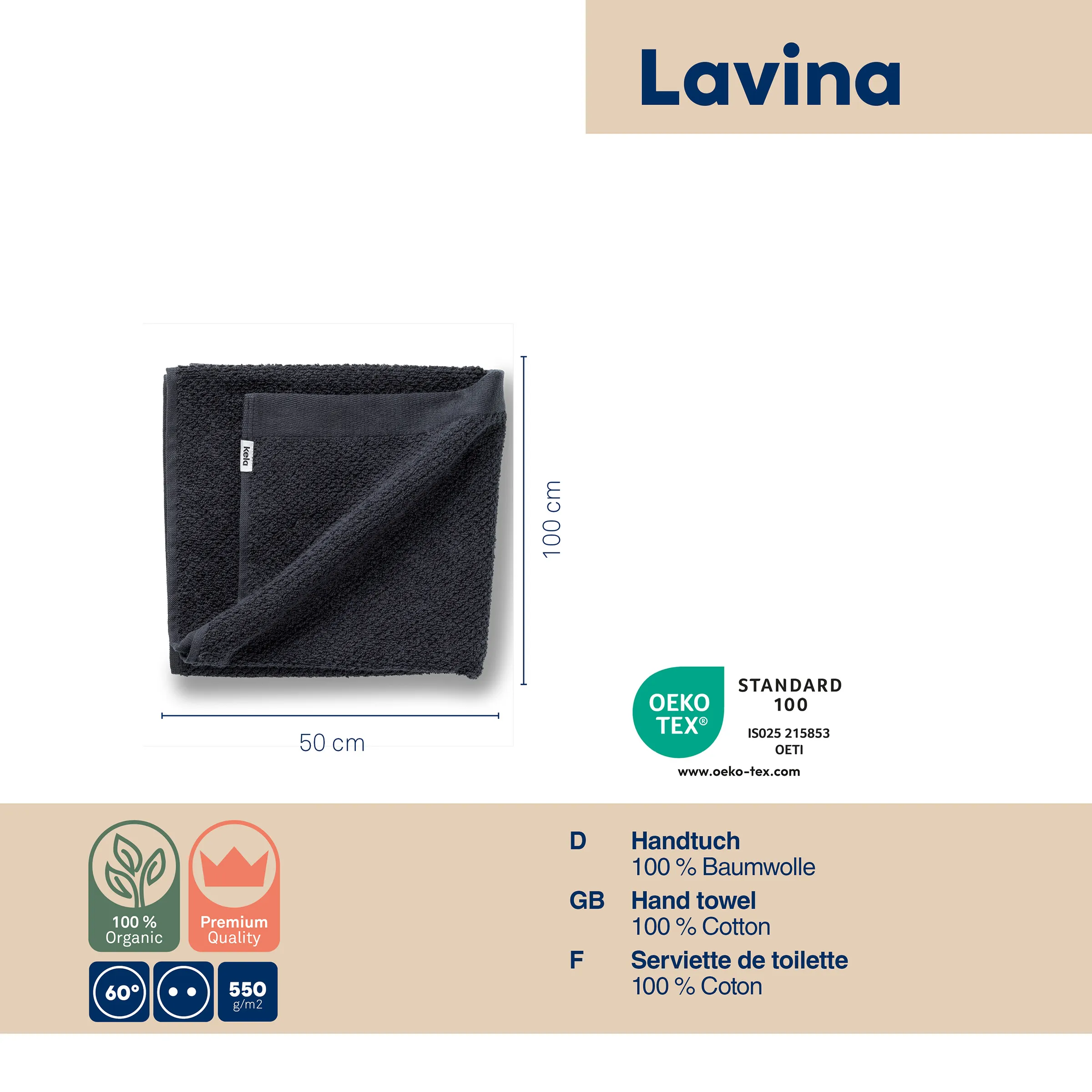 Lavina Handtuch 100% Baumwolle - Weiches Frotteehandtuch Dunkles Handtuch der Marke Lavina mit Größenangabe 50 cm x 100 cm, aus 100% Baumwolle, OEKO-TEX zertifiziert