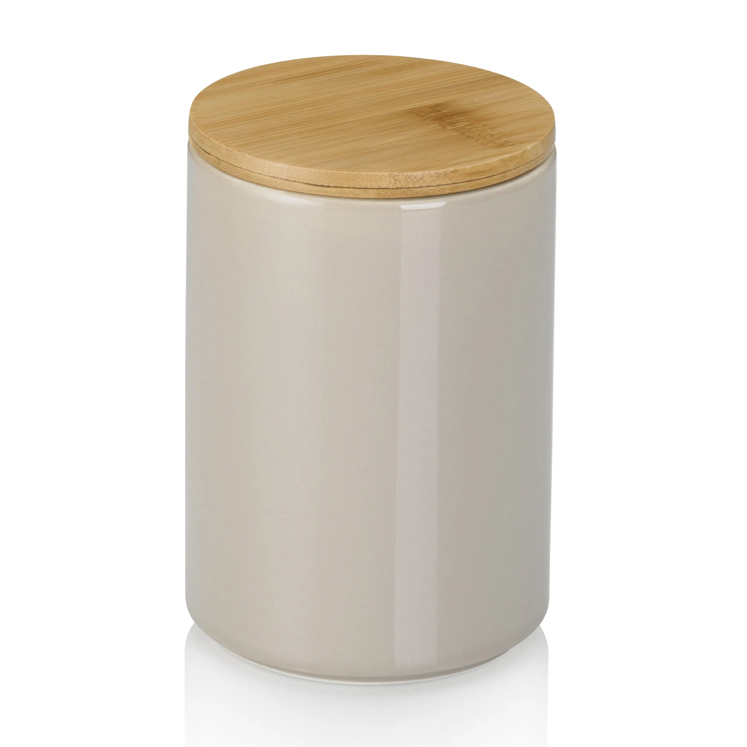 Keramiktopf mit Bambusdeckel - Aufbewahrungsbehälter Cremefarbener Keramiktopf mit Holzdeckel aus Bambusholz, zylindrische Form, modernes Design für Küchenlagerung