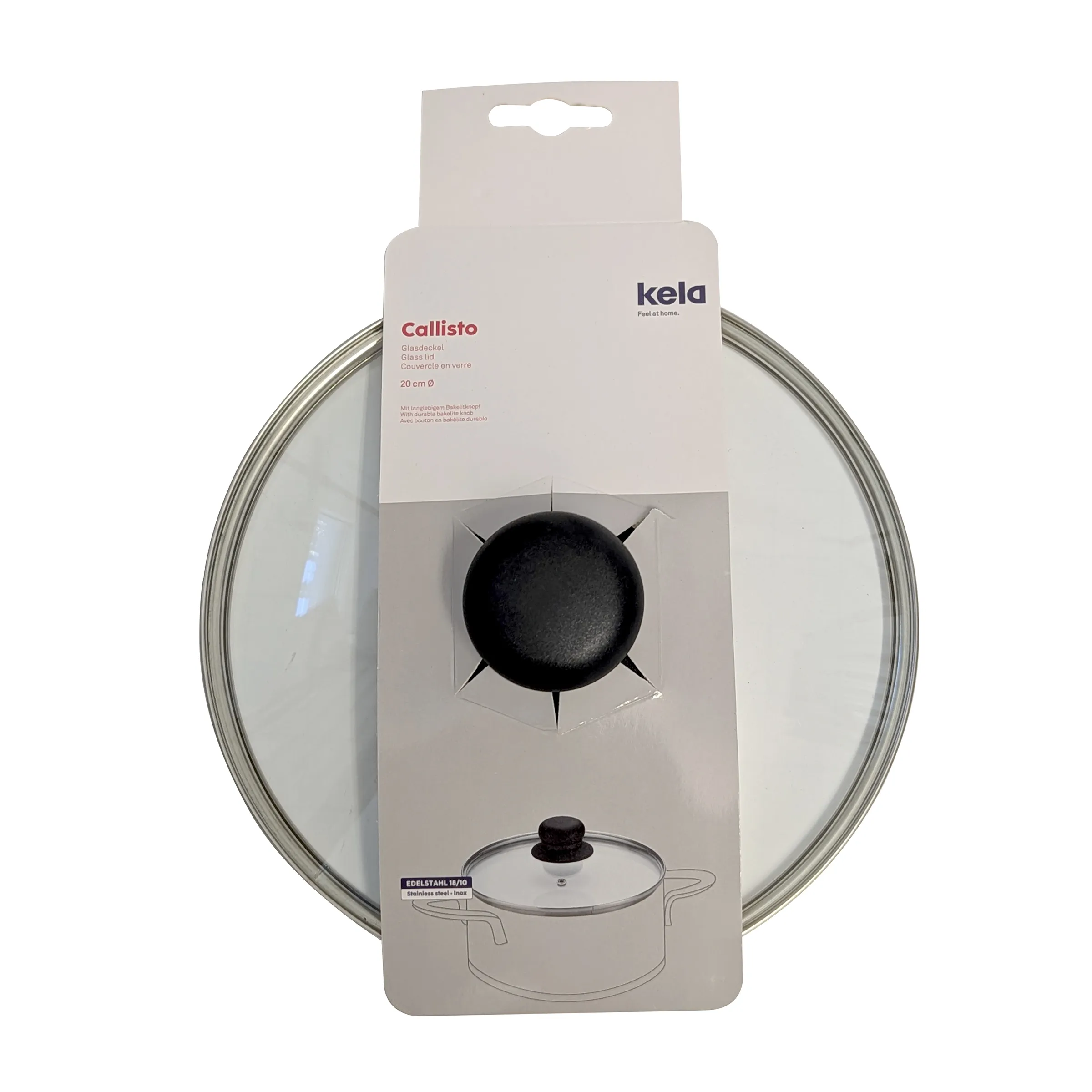Kela Callisto Glasdeckel 20cm mit Griff – Topfdeckel Kela Callisto Glasdeckel 20cm Durchmesser mit schwarzem Knauf und Metallring, verpackt in beiger Box