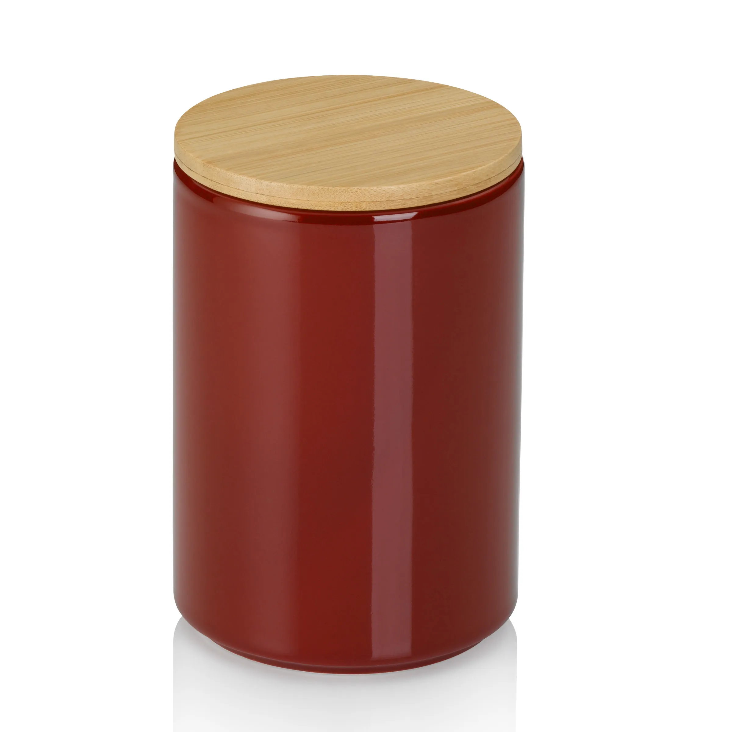 Keramik Vorratsdose rot mit Holzdeckel Rote Keramikdose mit Holzdeckel auf weißem Hintergrund