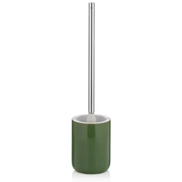 Grüne Toilettenbürste mit langem Stab und chromfarbenem Griff auf weißem Hintergrund