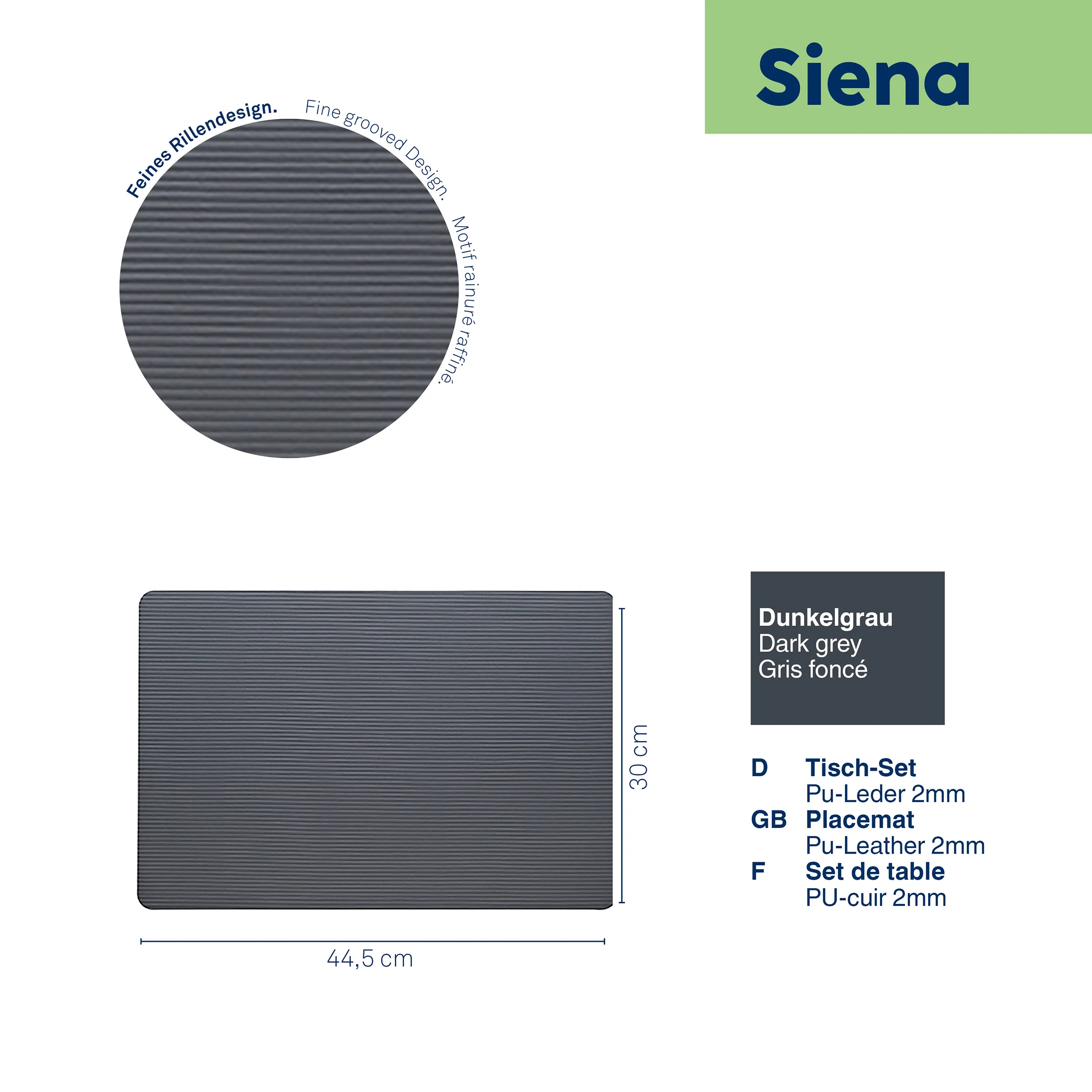 Dunkelgraues Tisch-Set aus PU-Leder 2mm mit feinem Rillendesign, 44,5 x 30 cm, Siena Marke