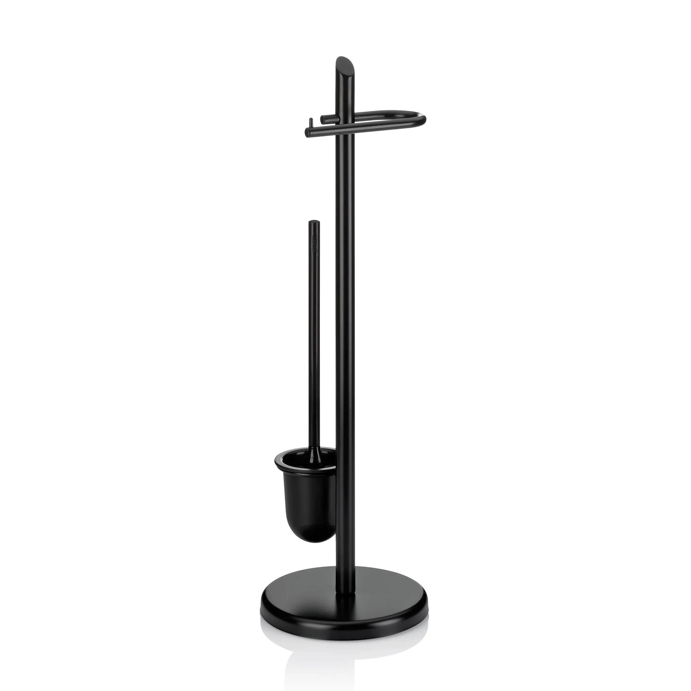 Toilettenbürsten-Ständer schwarz modern Schwarzer Toilettenbürsten-Ständer mit ovaler Bürste und Halter an vertikalem Stab auf runder Basis
