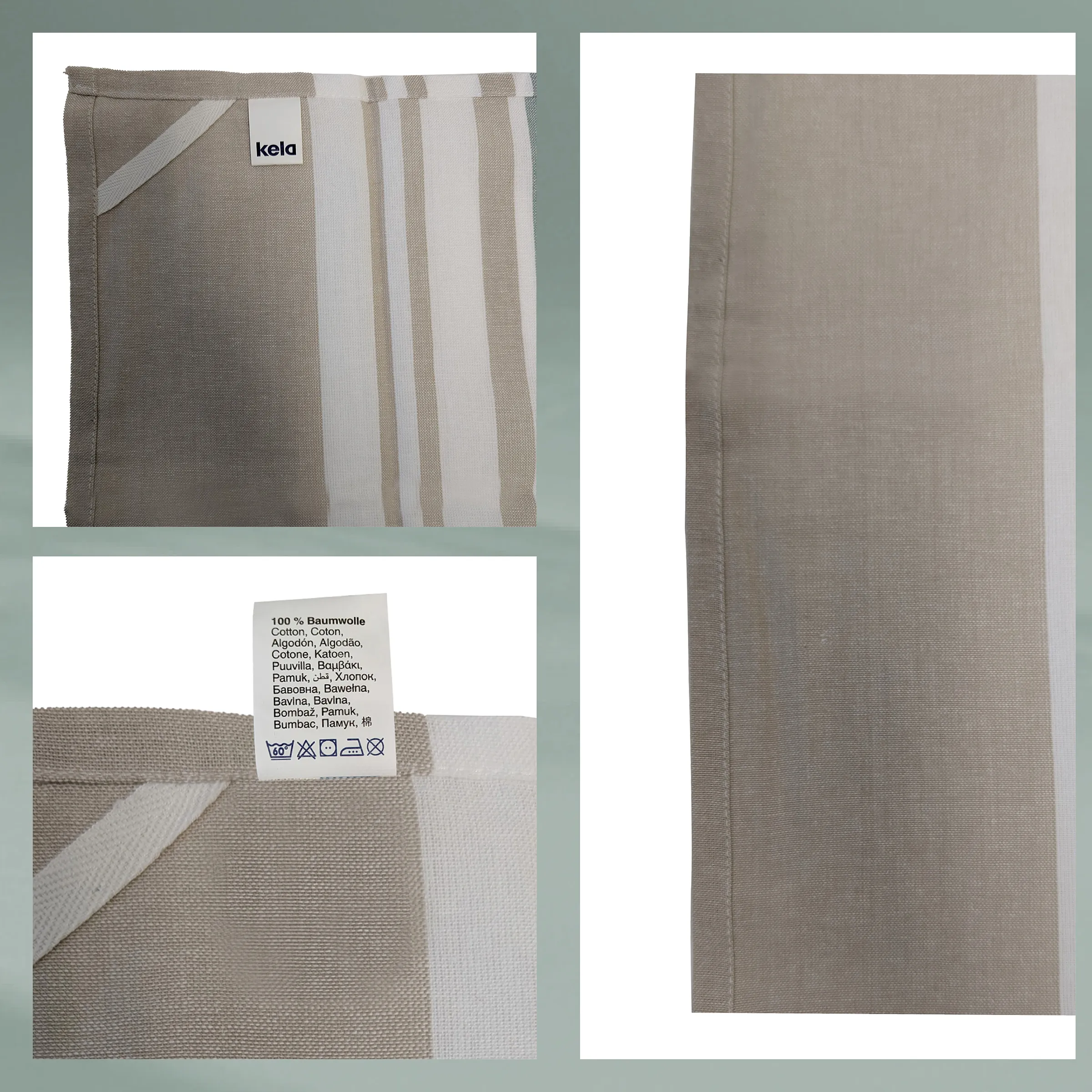 Baumwoll-Handtuch beige gestreift Kela Beige Baumwoll-Handtuch von Kela mit weißen Streifen, Detailaufnahme des Gewebes und Waschanleitung