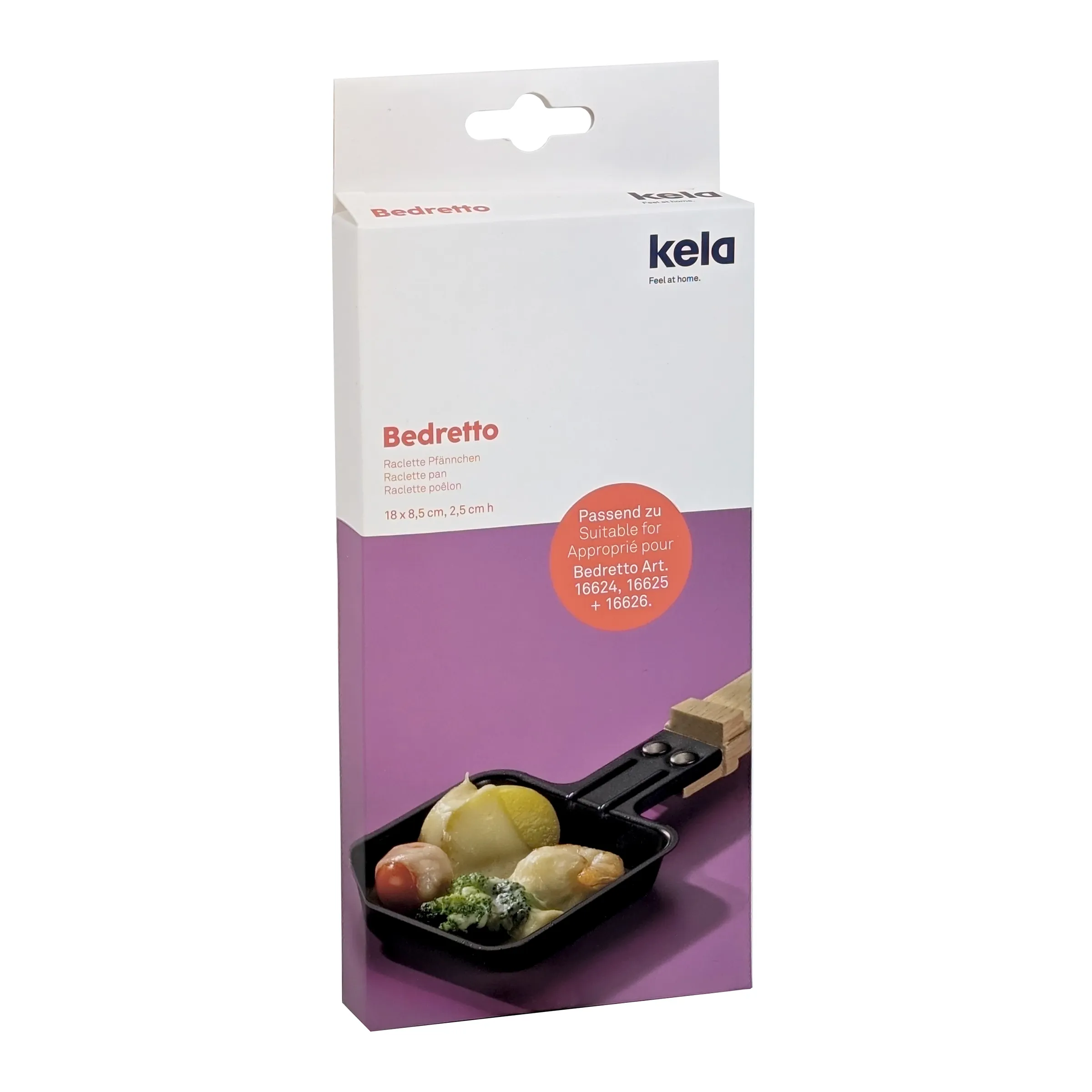 Kela Bedretto Raclette-Pfännchen Verpackung - 18x8,5cm Raclette Zubehör Kela Bedretto Raclette-Pfännchen Verpackung, 18x8,5cm, schwarz, mit Raclette und Gemüse, auf lila Hintergrund