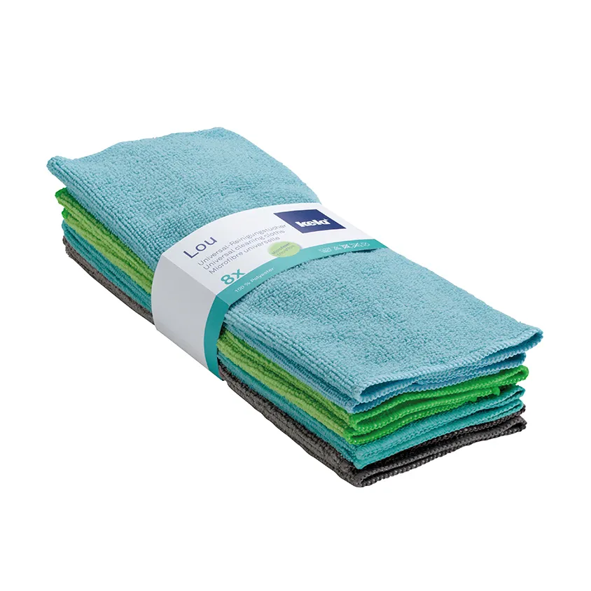 Mikrofasertücher Set 8er Pack - Reinigungstücher Packung mit 8 farbigen Mikrofasertüchern in Blau, Grün und Grau, mit weißem Etikett "Lou"
