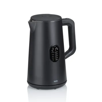 Schwarzer digitaler Wasserkocher kela mit LCD-Display, das verschiedene Temperatureinstellungen wie Kochen, Grün, Schwarz, Warm und Milch anzeigt.