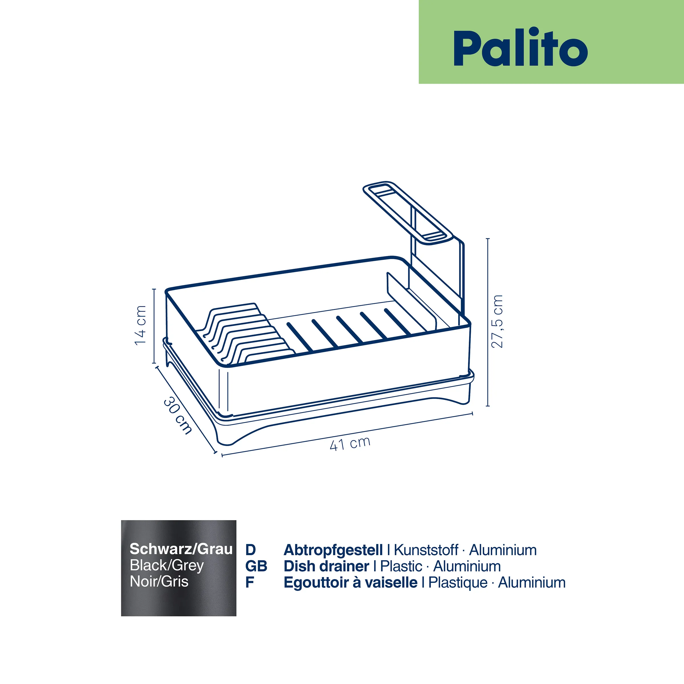 Palito Abtropfgestell Kunststoff Aluminium Abtrockner Palito Abtropfgestell mit Maßen: 41 cm Breite, 30 cm Tiefe, 27,5 cm Höhe, schwarzgrau, Kunststoff und Aluminium