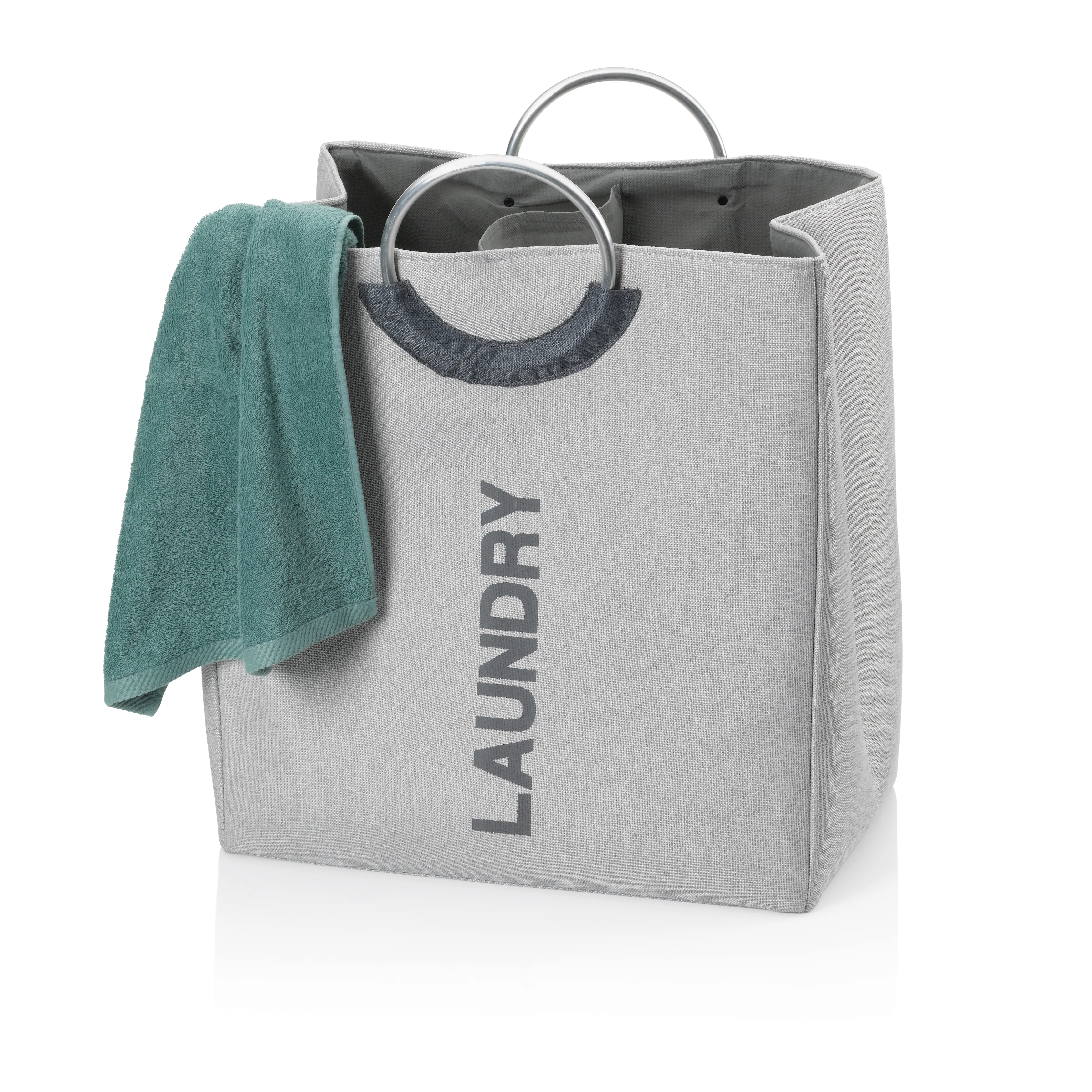 Wäschekorb LAUNDRY - Praktischer Textilbehälter mit Griffen Grauer Wäschekorb mit Text "LAUNDRY", Metalltragegriffen und türkisem Handtuch