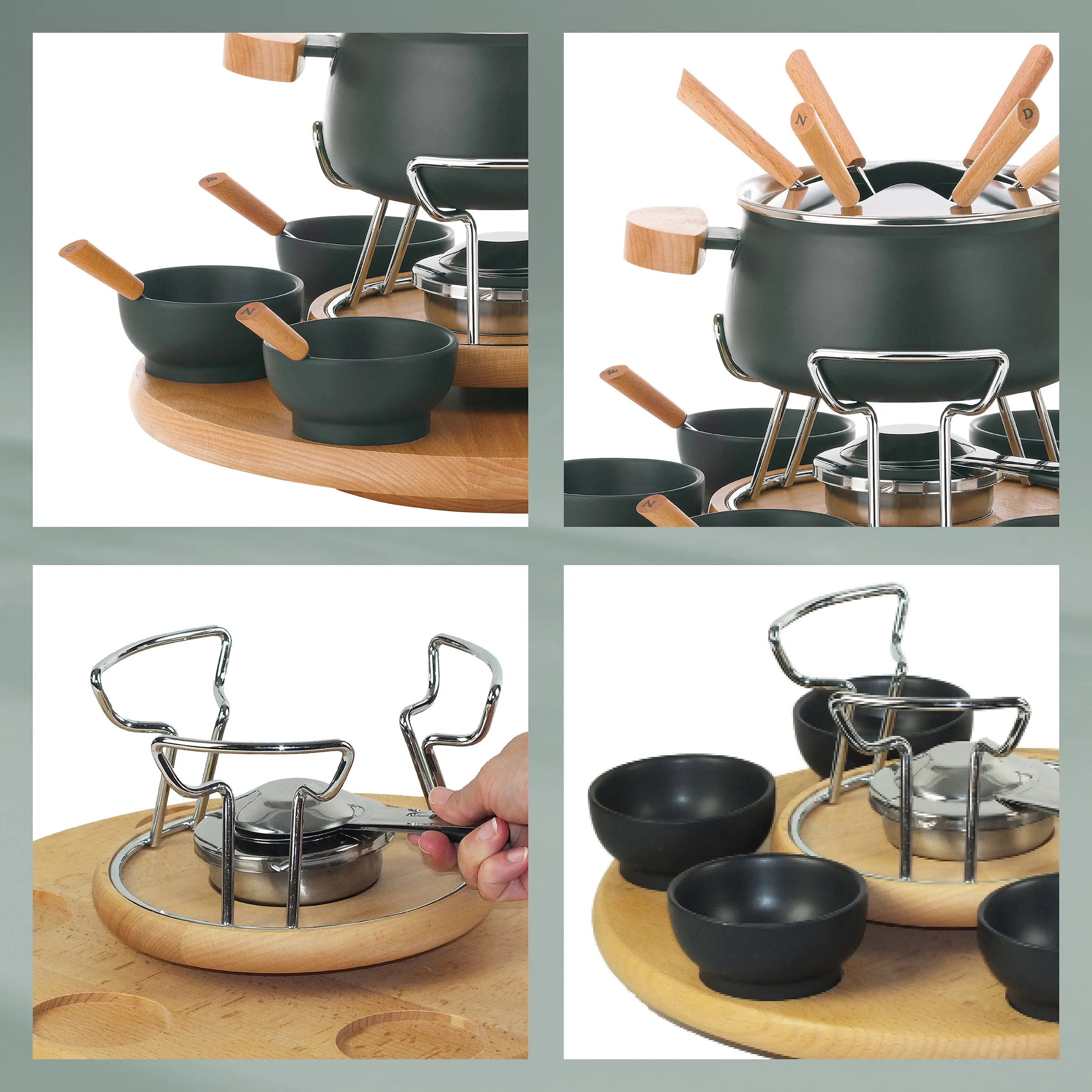 Kochgeschirr Set mit Holzgriffen und Ständer Modernes Kochgeschirr-Set mit schwarzen Töpfen, Holzgriffen und hölzernem Ständer mit Haltern