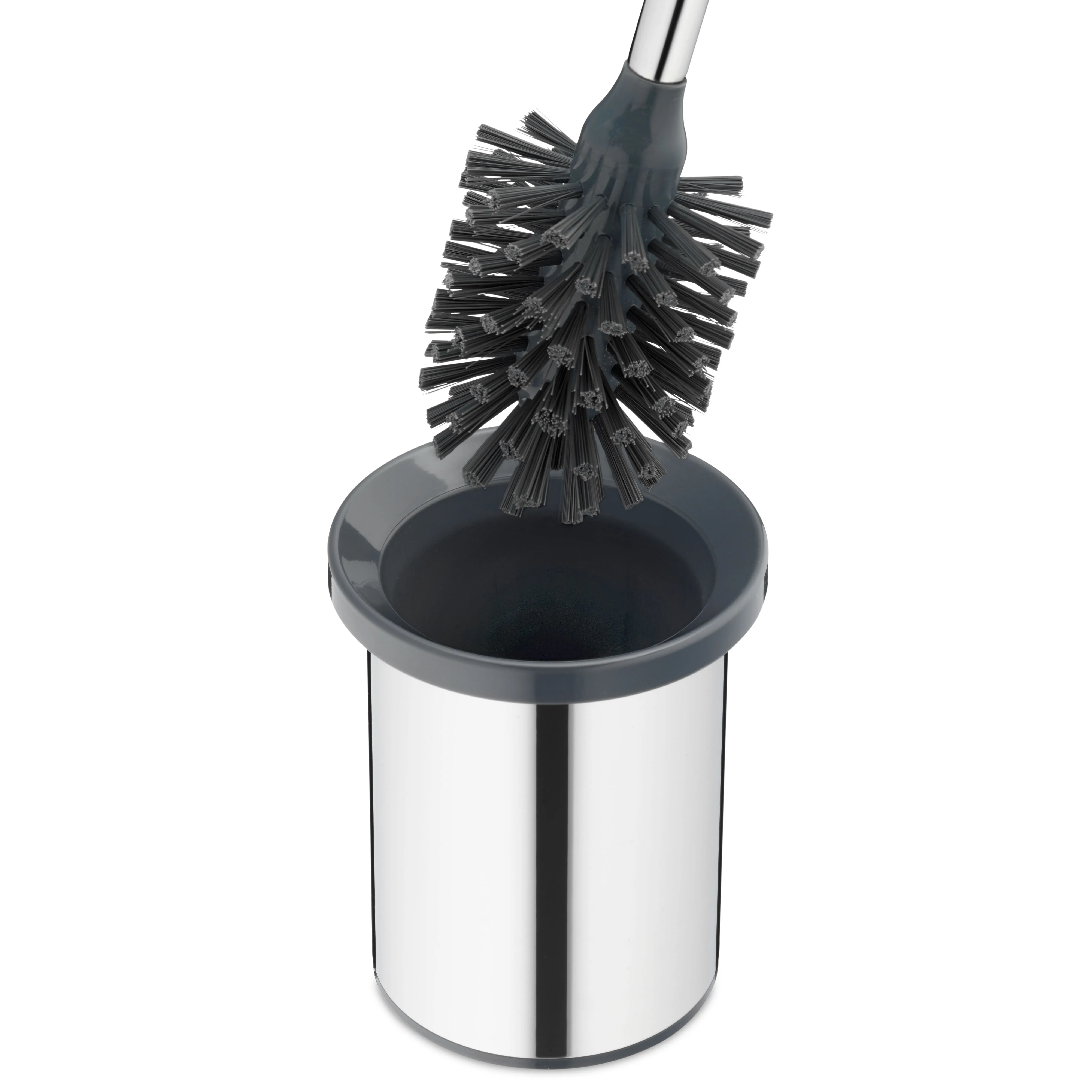 Toilettenbürste mit Halterung - WC-Bürste aus Edelstahl Toilettenbürste mit chromfarbenem Griff und schwarzem Bürstenkopf in einer weißen Edelstahlhalterung mit schwarzem Rand
