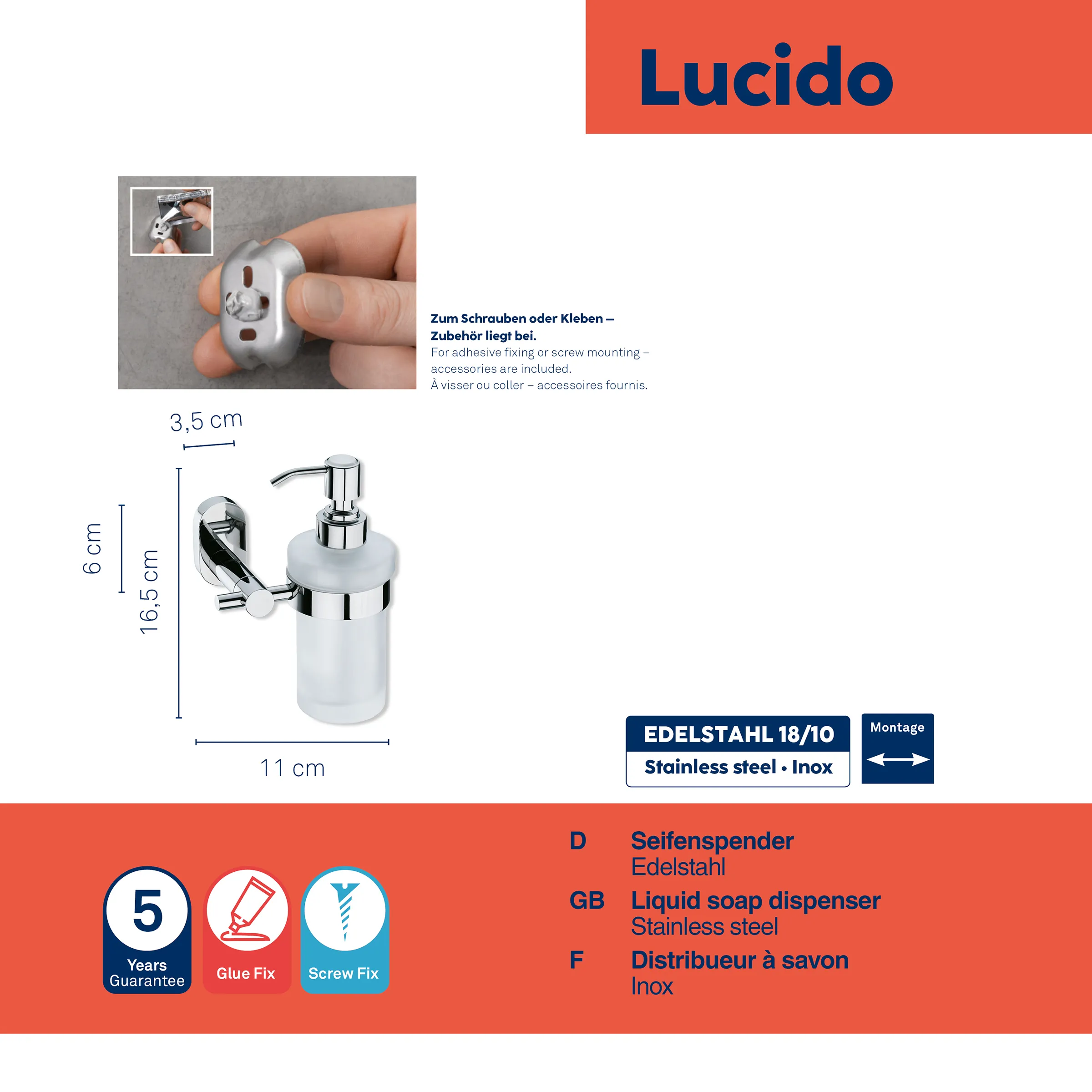 Lucido Seifenspender Edelstahl Wandmontage Lucido Seifenspender aus Edelstahl mit Wandmontage, Maße 16,5 cm Höhe, 11 cm Breite, 3,5 cm Tiefe, inklusive Befestigungszubehör