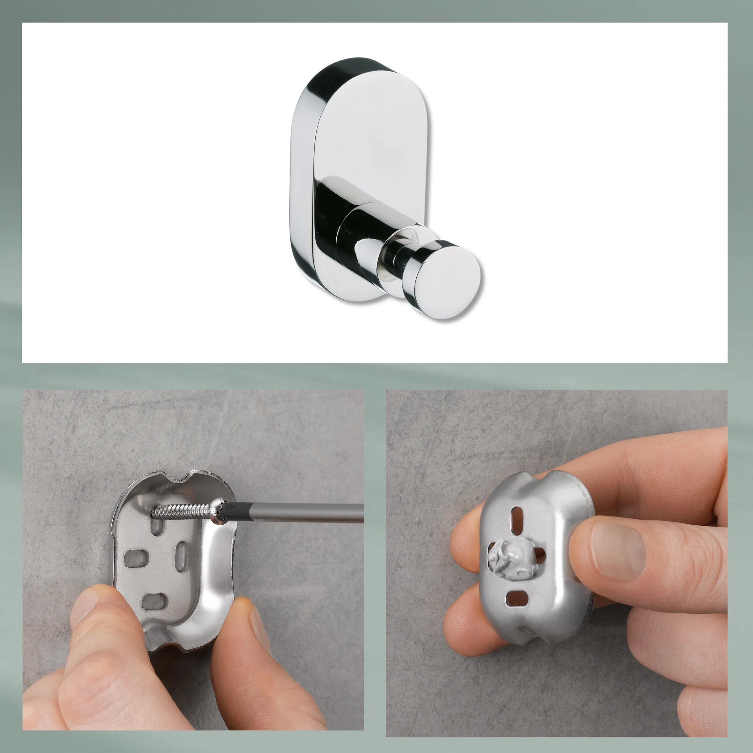 Wandhaken Metall zum Dübeln - Befestigungssystem Moderner Wandhaken aus Metall mit Befestigungsanleitung - Produktansicht und Installationsschritte mit Dübeln