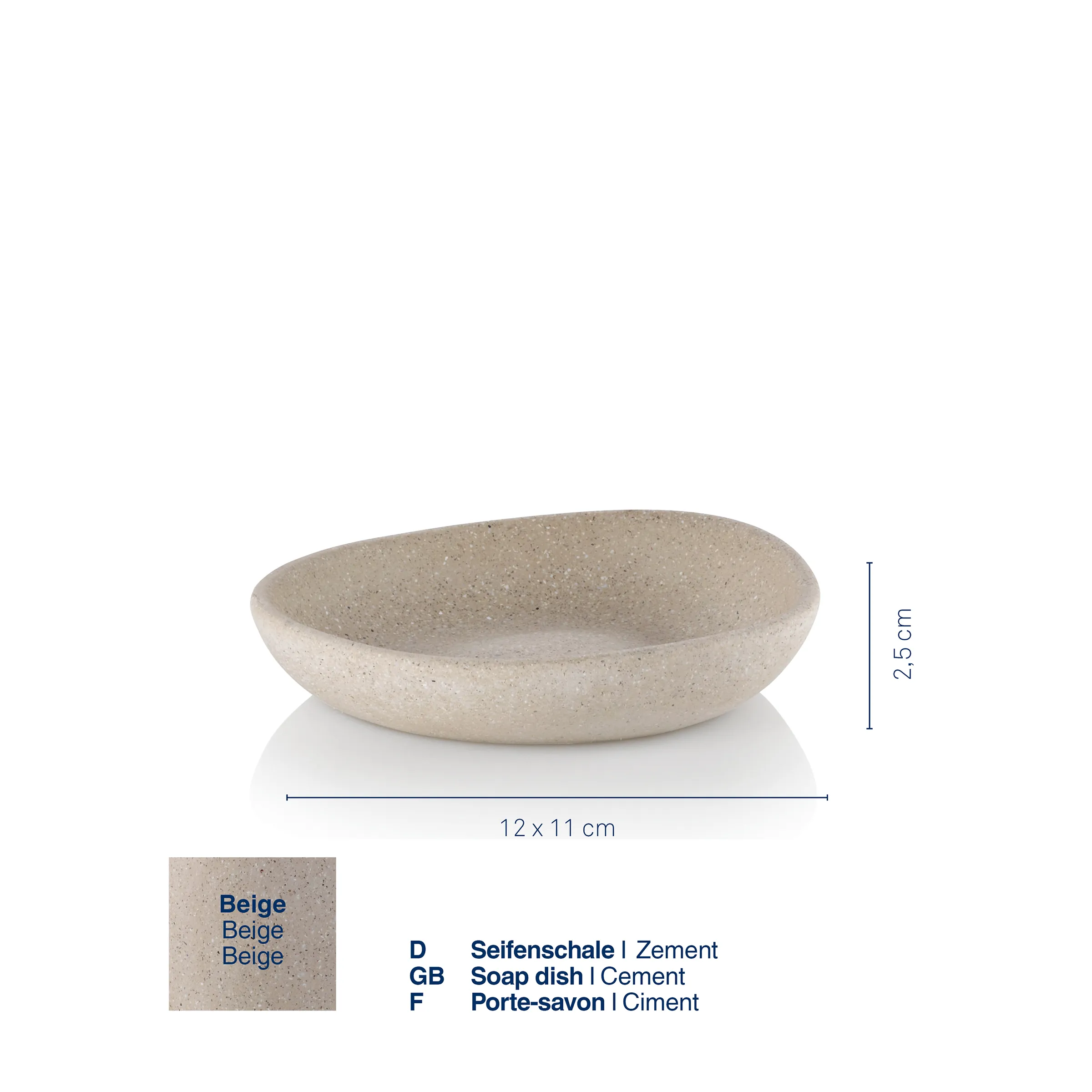 Seifenschale Zement Beige - Moderne Badaccessoires Beige Zementseifenschale mit ovaler Form, Maße 12 x 11 cm, Höhe 2,5 cm