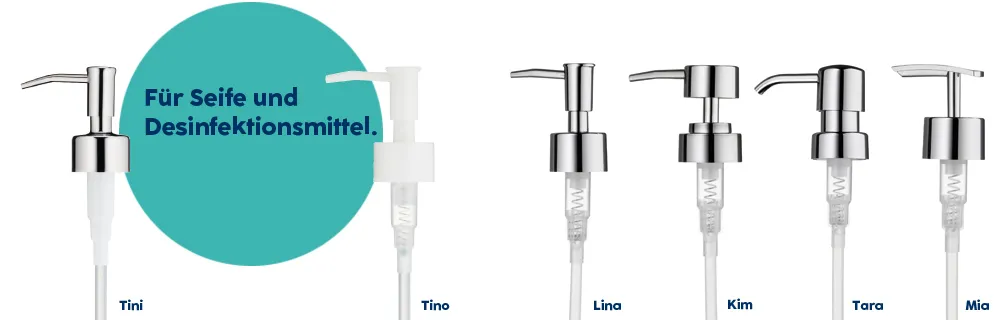 Fünf Seifenspender mit verschiedenen Pumpenkopf-Designs in Edelstahl-Optik, gekennzeichnet als Tini, Tino, Lina, Kim, Tara und Mia