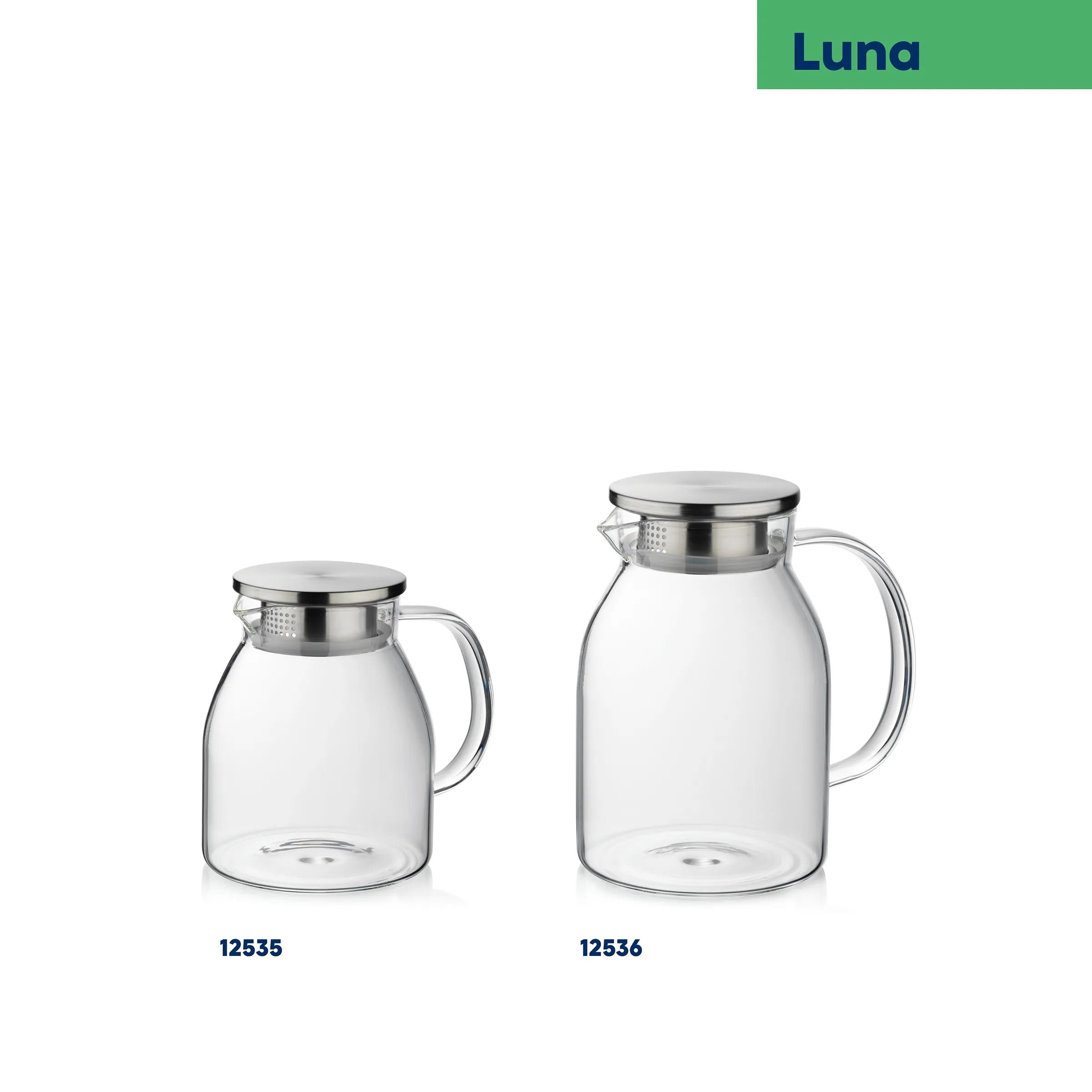 Luna Glaskaraffen Set mit Siebeinsatz – Teekanne Wasserkaraffe mit Edelstahldeckel Zwei transparente Glaskannen Luna mit Edelstahldeckel und Siebeinsatz in verschiedenen Größen
