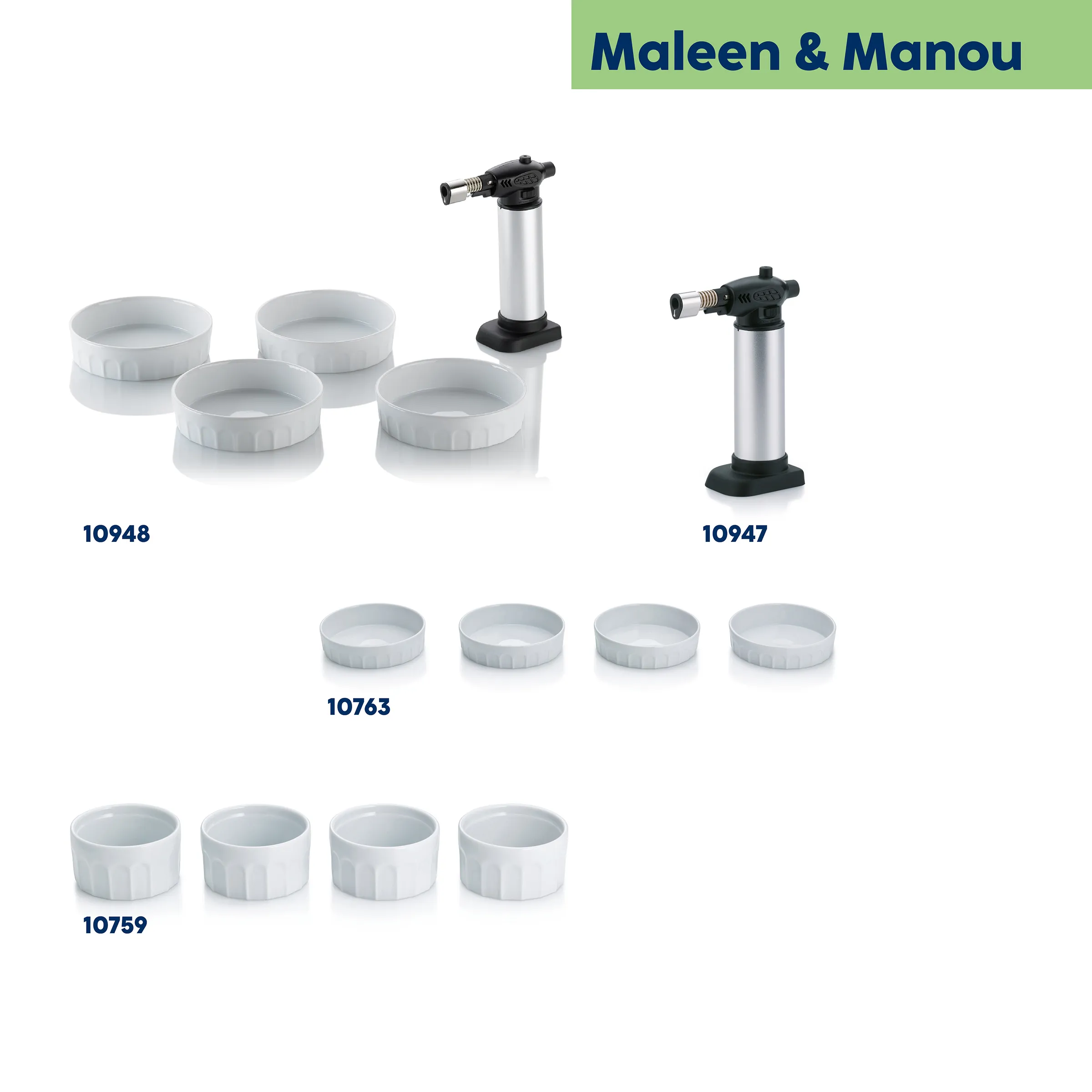 Crème Brûlée Set mit Bunsenbrenner und Porzellanförmchen - Maleen & Manou Maleen & Manou Crème Brûlée Set mit Bunsenbrenner und weißen Porzellanförmchen in verschiedenen Größen