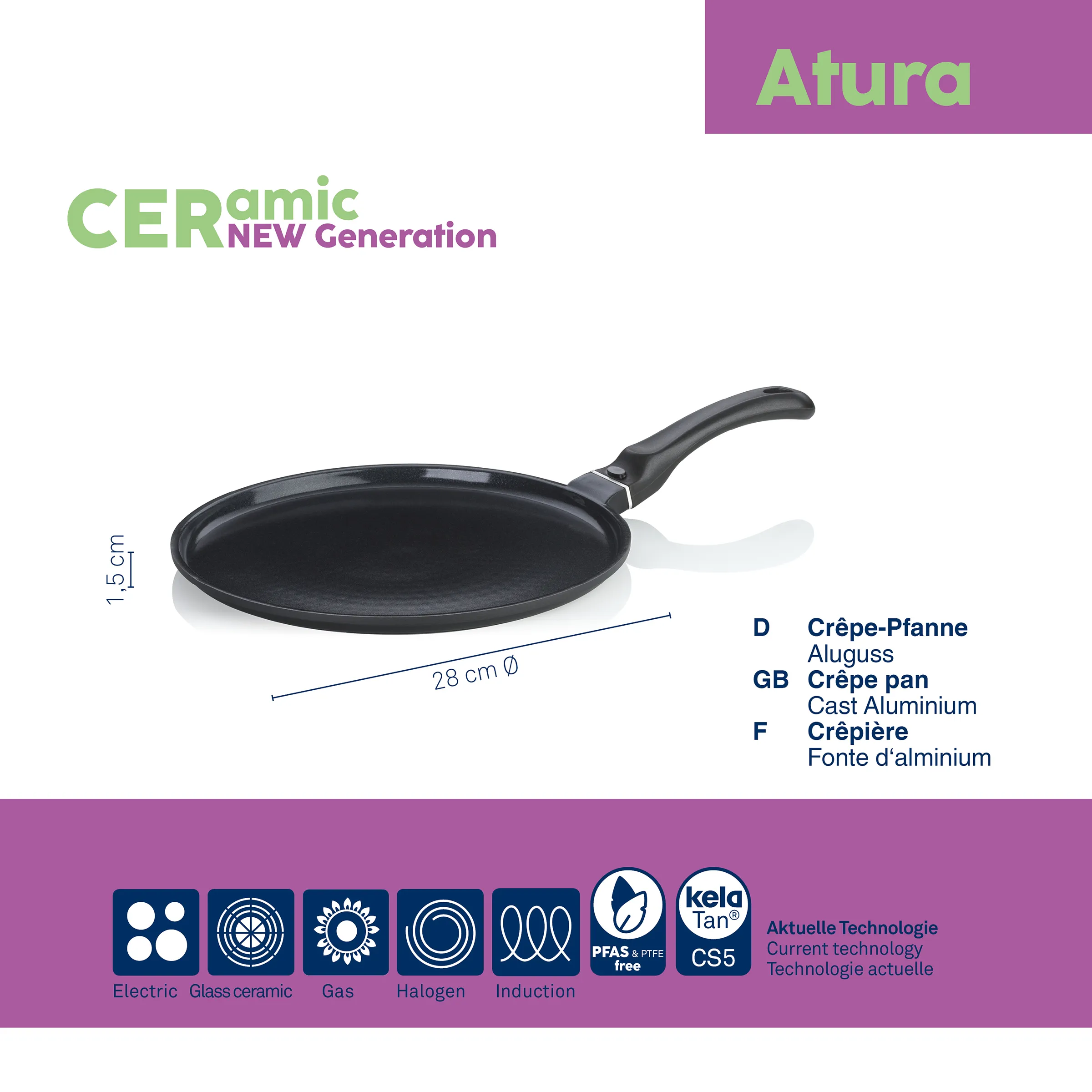 Crêpe-Pfanne Aluguss 28 cm - Keramikbeschichtung für Induktion, Gas, Elektro Altura CERamic Crêpe-Pfanne Aluguss 28 cm mit Antihaftbeschichtung für alle Herdarten inkl. Induktion
