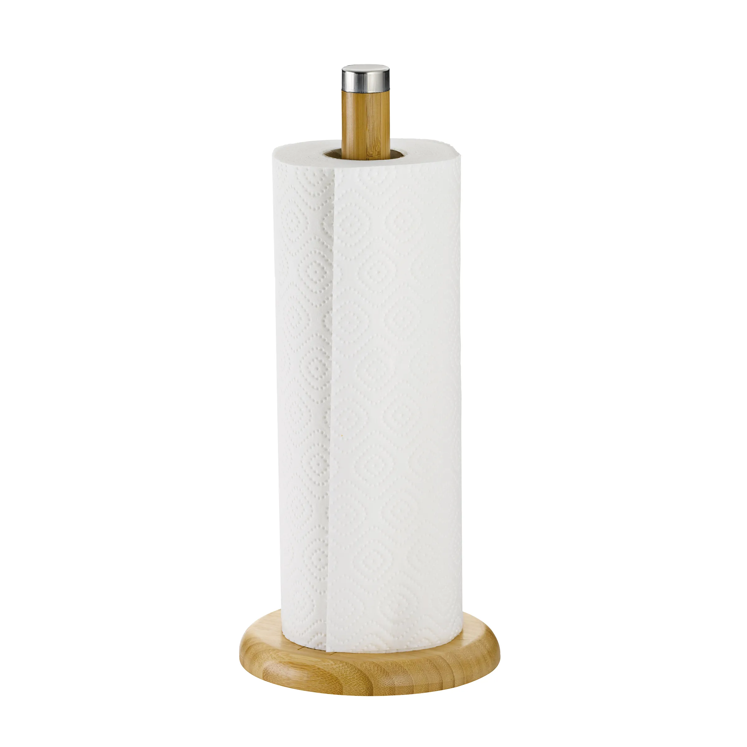 Küchenrollenhalter Holz mit Bambusgriff Küchenrollenhalter aus Holz mit Bambusgriff und Edelstahlkopf, gefüllt mit weißer Küchenrolle
