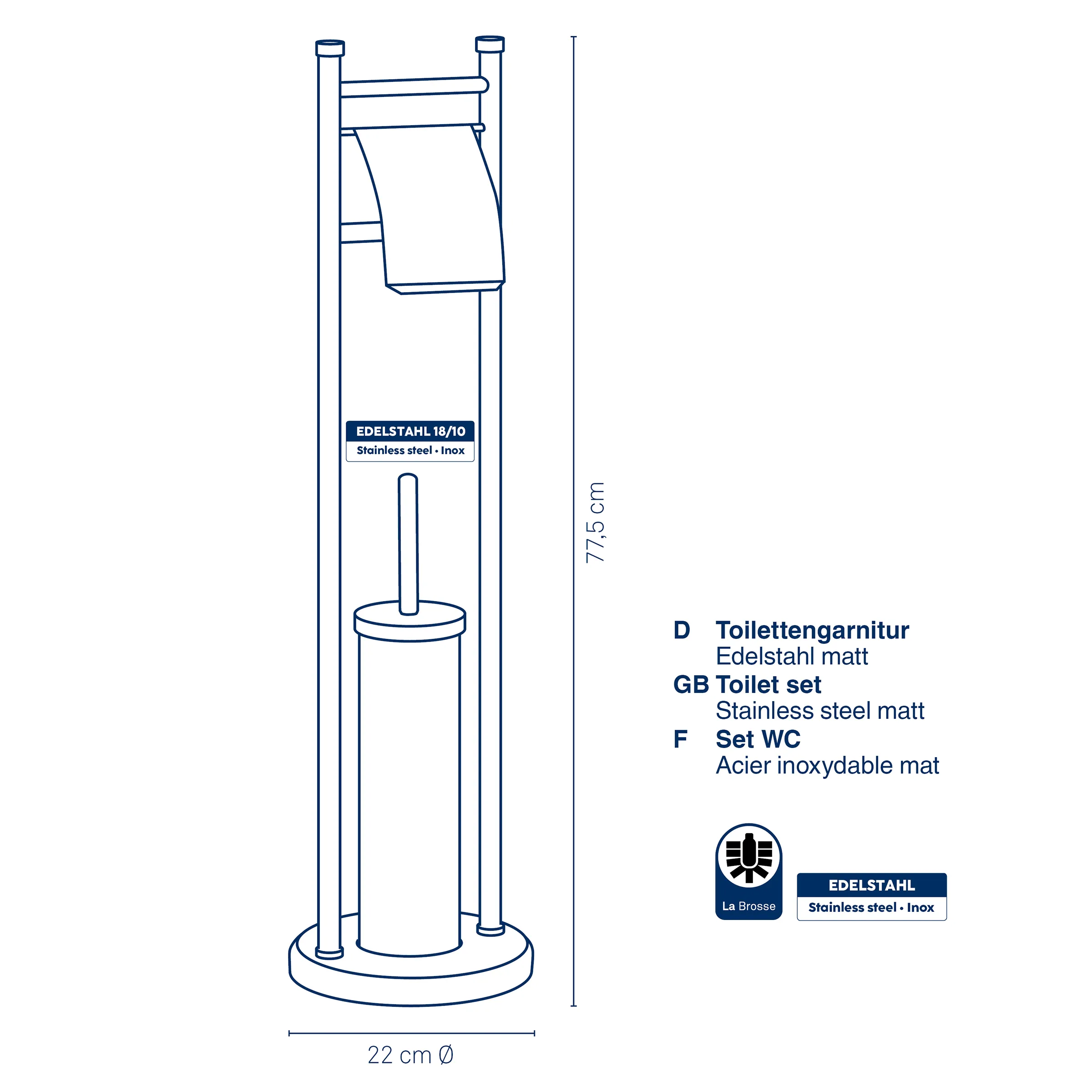 Toilettengarnitur aus Edelstahl matt mit Bürstenhalter und Papierrollenhalter, 77,5 cm Höhe, 22 cm Durchmesser