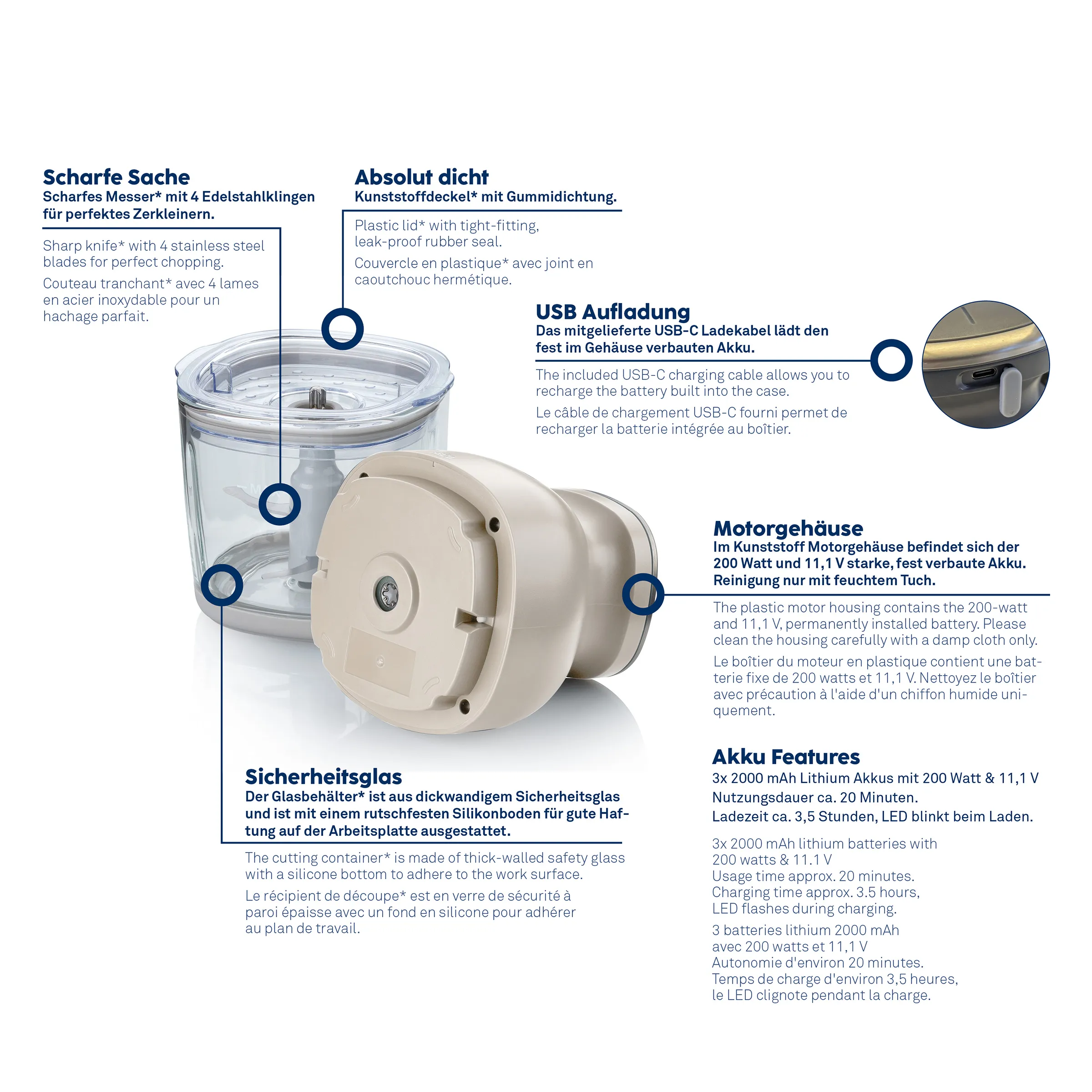 Elektrischer Mixer mit USB-Aufladung und Sicherheitsglas Elektrischer Mixer mit Behälter aus Sicherheitsglas, Kunststoffdeckel mit Gummidichtung, USB-Aufladung und abnehmbarem Motorgehäuse.