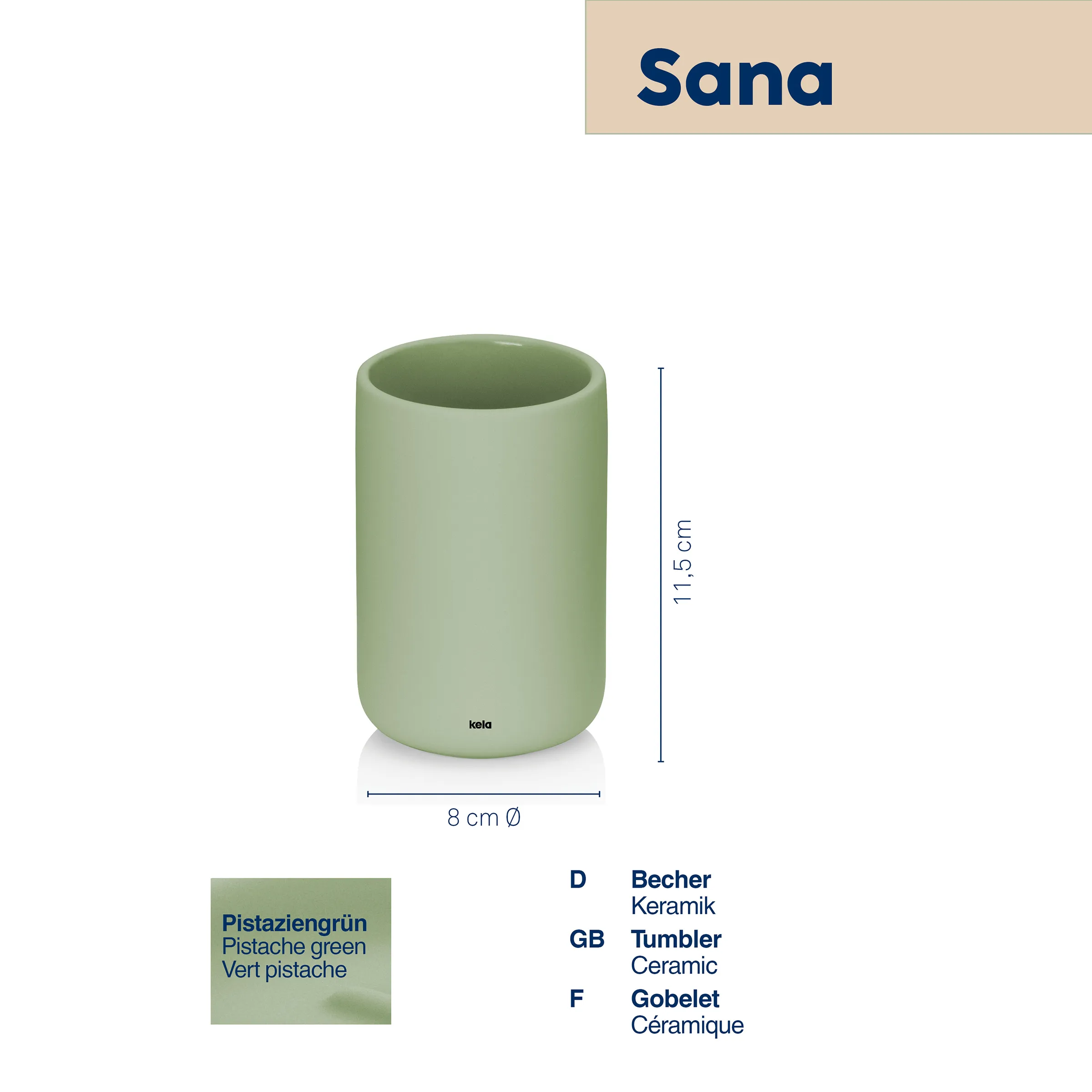 Sana Becher aus grüner Keramik, Pistaziegrün, mit Maßangaben: 8 cm Durchmesser, 11,5 cm Höhe