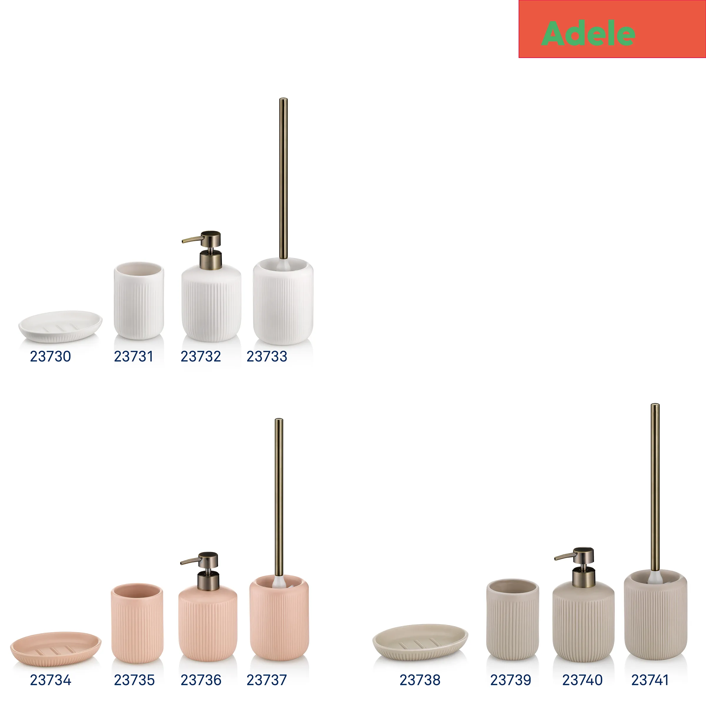 Adele Badezimmer-Accessoires Set - Seifenspender, WC-Bürste & Becher in verschiedenen Farben Adele Badaccessoires-Set in Weiß, Rosa und Beige mit Seifenspender, WC-Bürste, Becher und Seifenschale