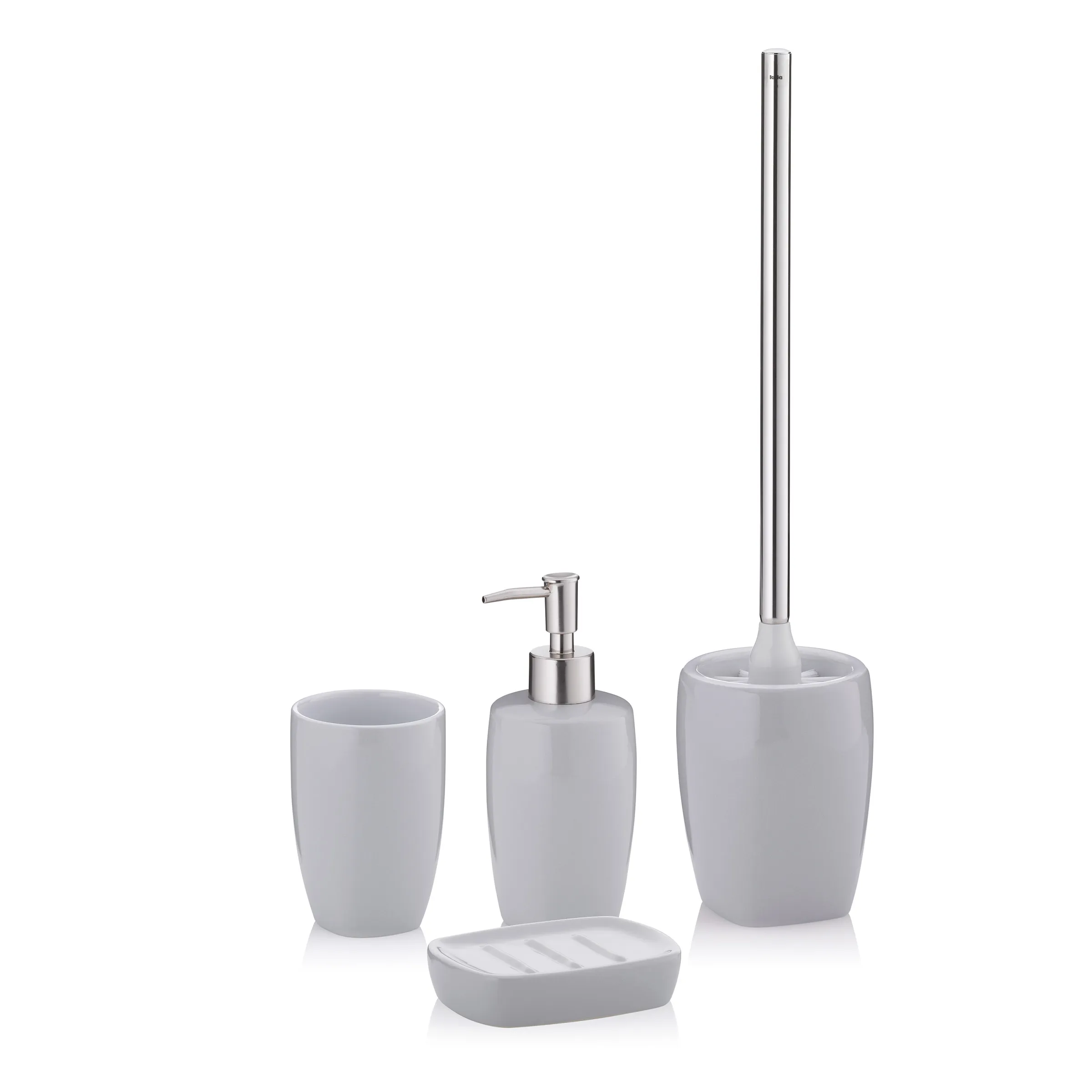 Vierteiliges Bad-Accessoire-Set in Hellgrau mit Seifenspender, Zahnputzbecher, WC-Bürste und Seifenschale