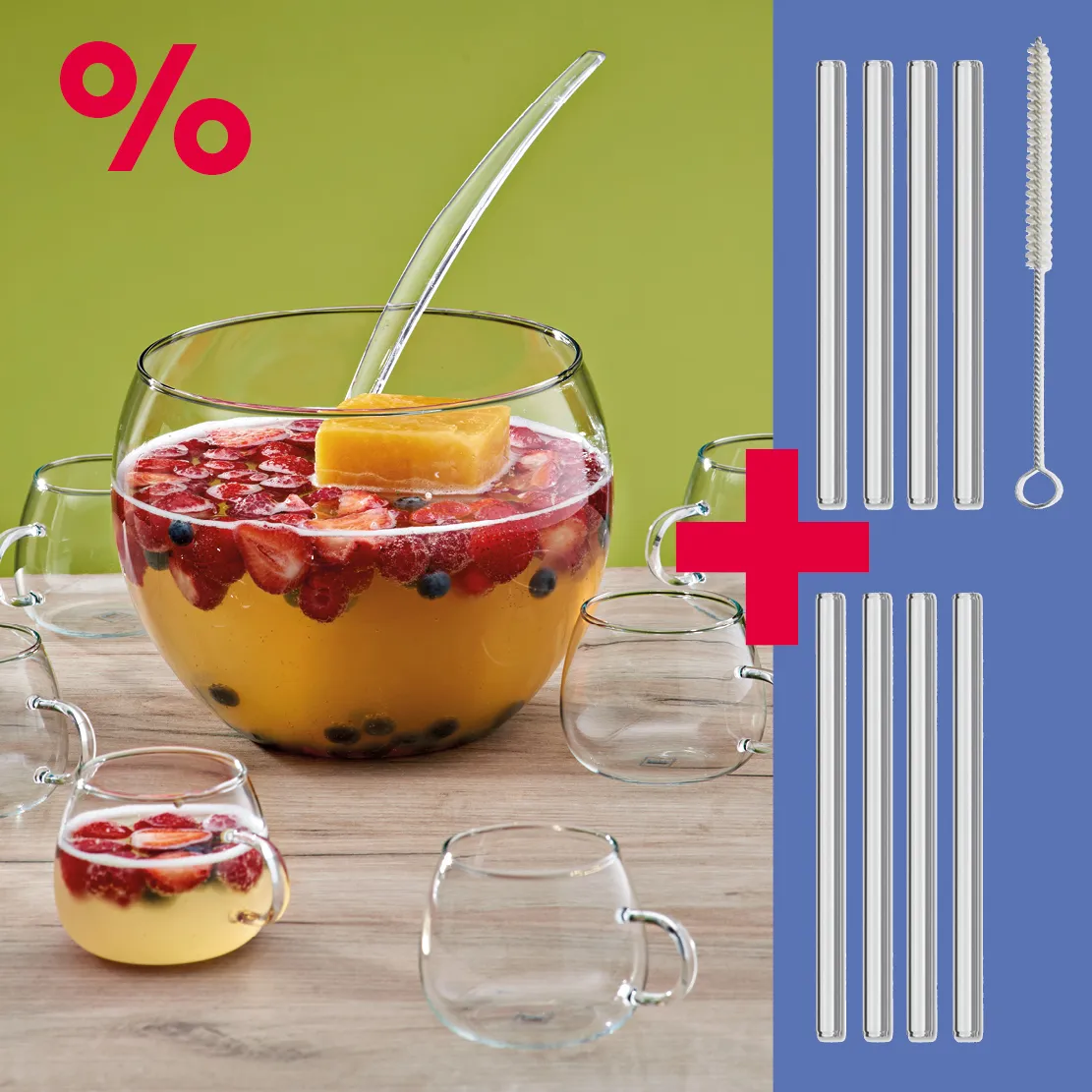 Getränkeset Bowle Trinkhalme 70% Rabatt Aktion Aktionsangebot mit Getränk-Set: Bowle mit Früchten und Strohhalm, Gläser und Edelstahltrinkhalme mit Reinigungsbürste