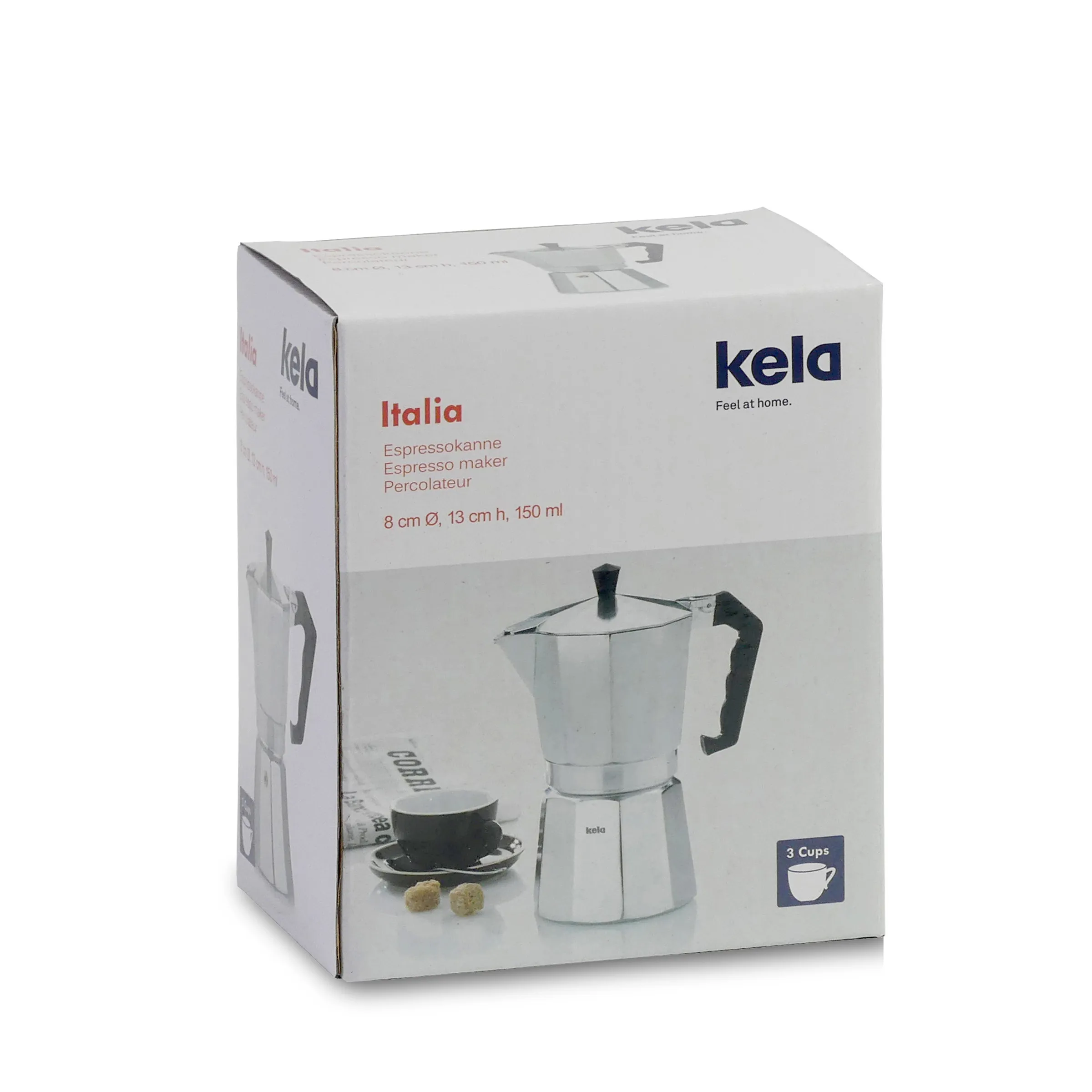 Kela Italia Espressokanne 3 Cups - Mokkakanne für Espresso Kela Italia Espressokanne in Weiß und Grau, 3-Tassen Mokkakanne mit schwarzem Griff und Deckel in Originalverpackung