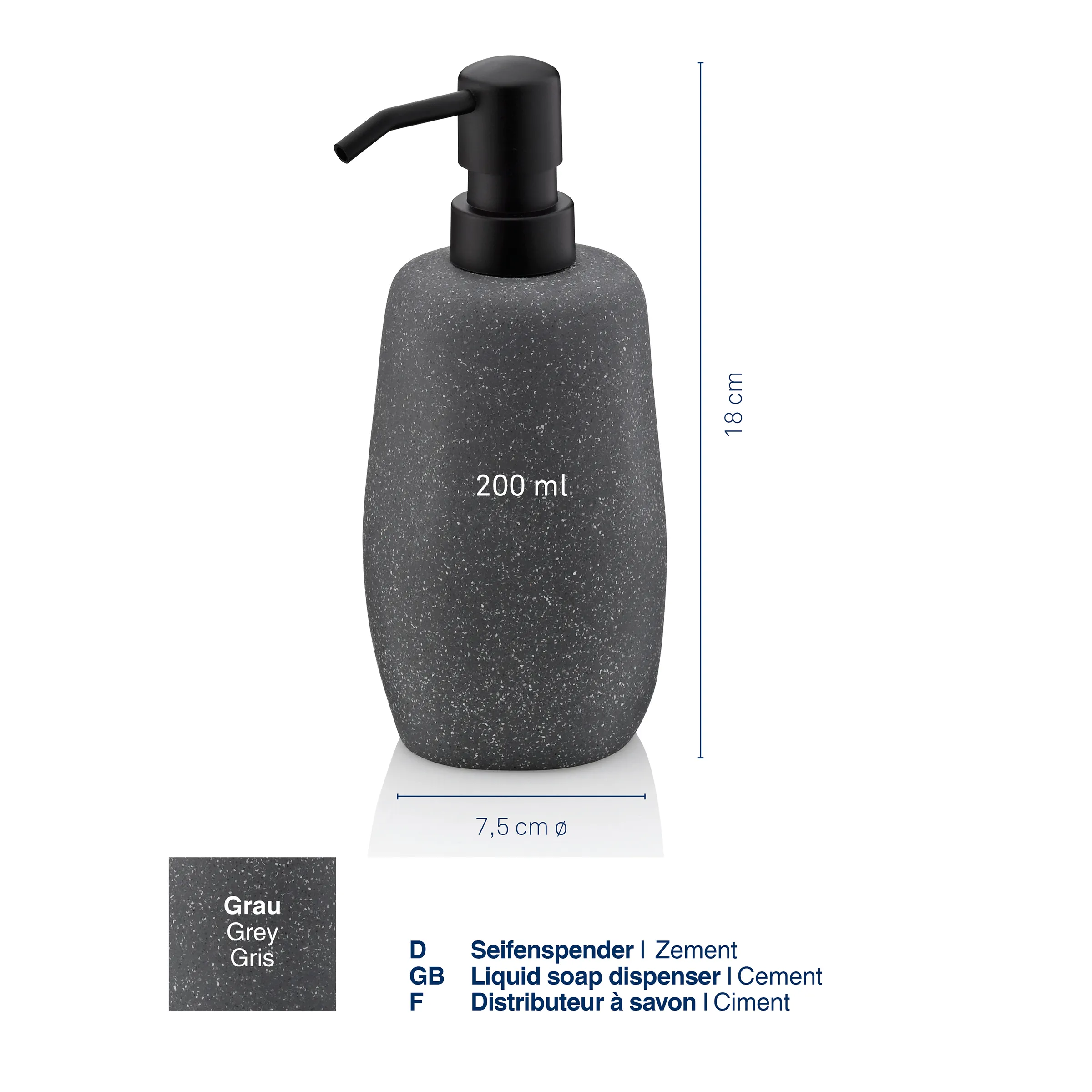 Grauer Seifenspender aus Zement mit schwarzer Pumpe, 200ml Fassungsvermögen, 18cm Höhe, 7,5cm Durchmesser