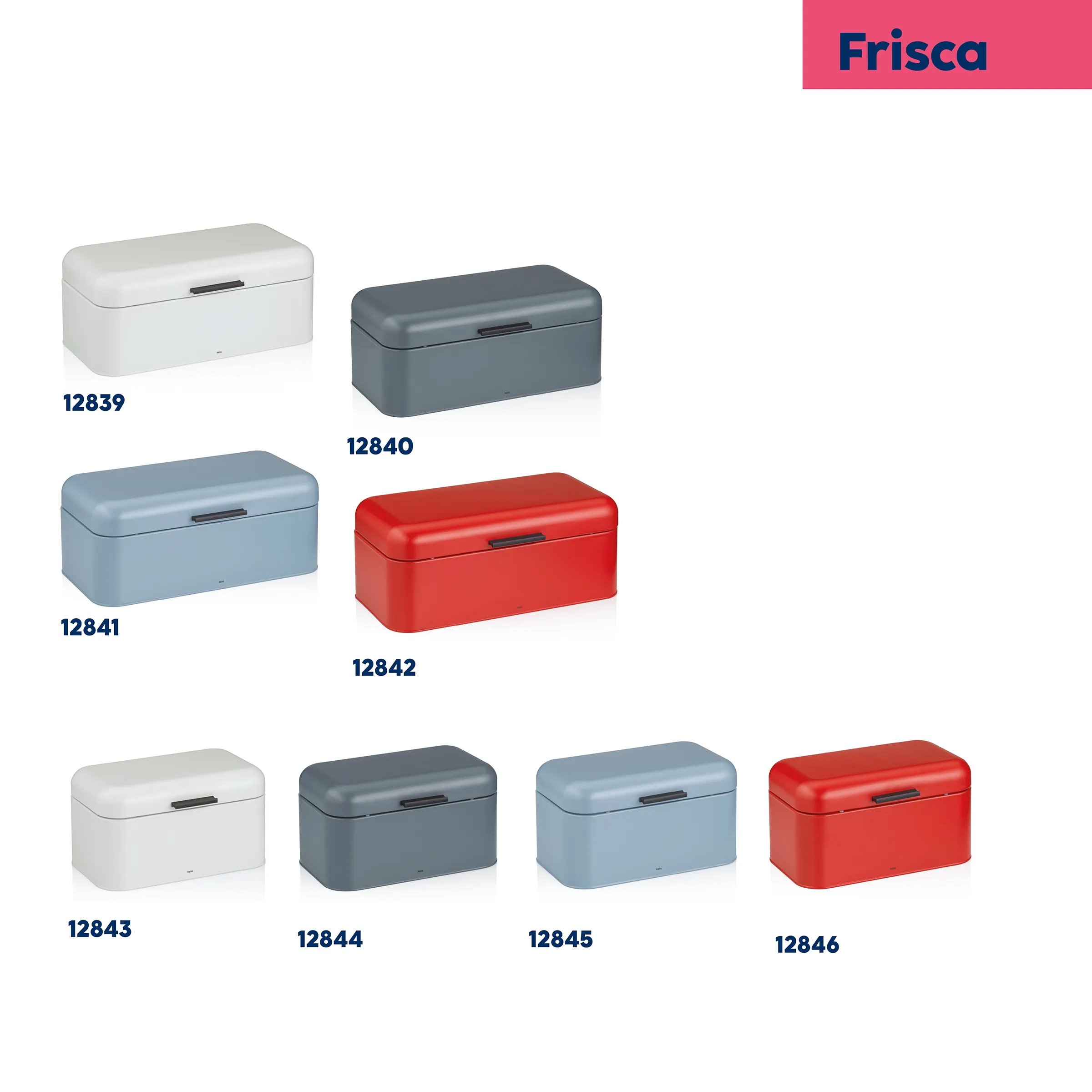 Frisca Brotboxen Set - Retro Brotkasten in 4 Farben Frisca Brotboxen in vier Farben: Weiß, Anthrazit, Blau und Rot mit Produktnummern 12839-12846