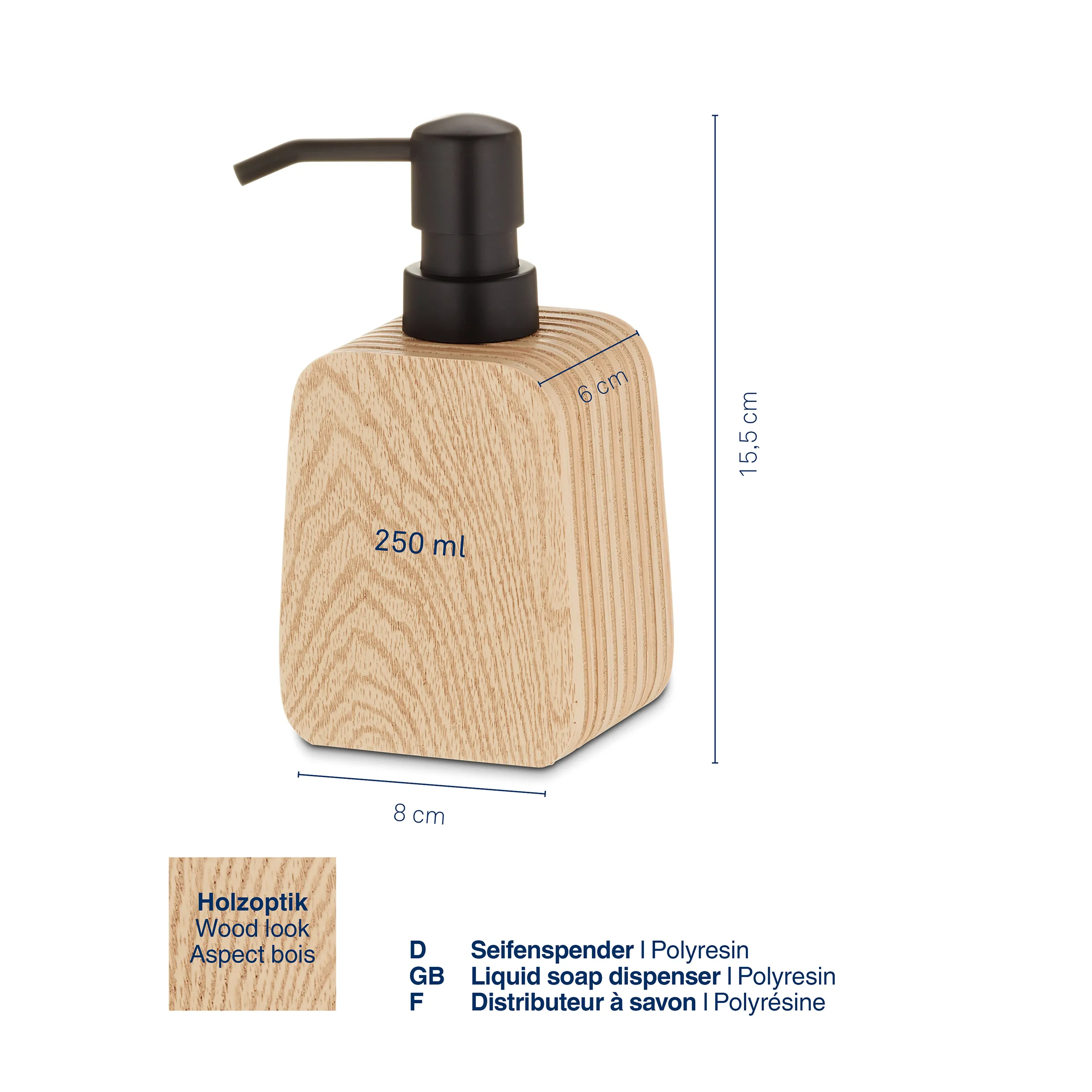 Seifenspender in Holzoptik mit schwarzer Pumpe, 250 ml Fassungsvermögen, Maße 8x6x15,5 cm