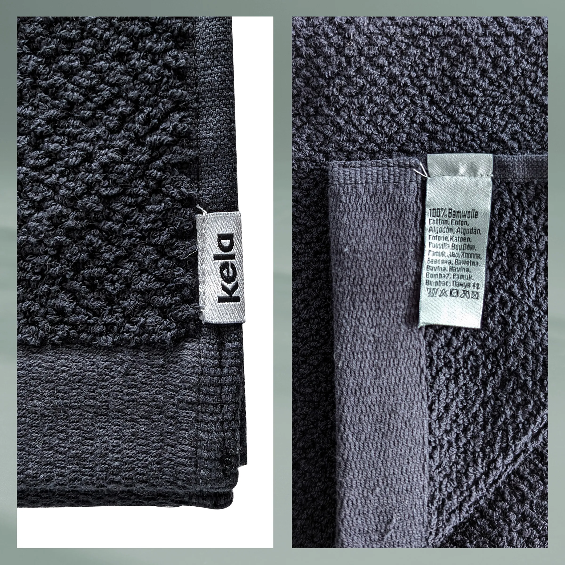 Kela Handtuch Etikett mit Materialangaben - 100% Baumwolle Frottier Nahaufnahme eines dunklen Kela Handtuchs mit Etikett, das Material und Pflegehinweise zeigt