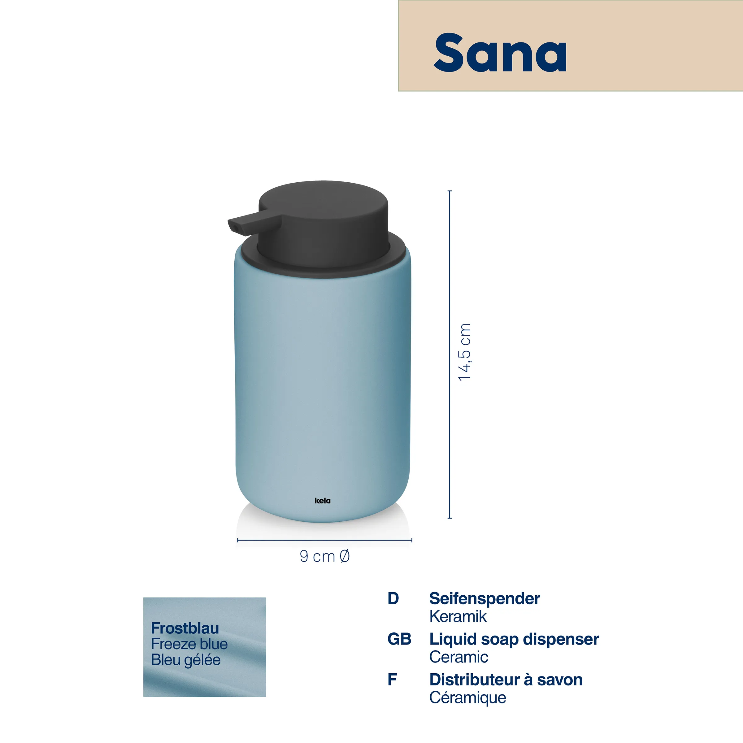 Kela Sana Seifenspender Keramik Frostblau - Badezimmer Spender Kela Sana Seifenspender in Frostblau, Keramik, 14,5 cm hoch, 9 cm Durchmesser, mit schwarzem Pumpkopf