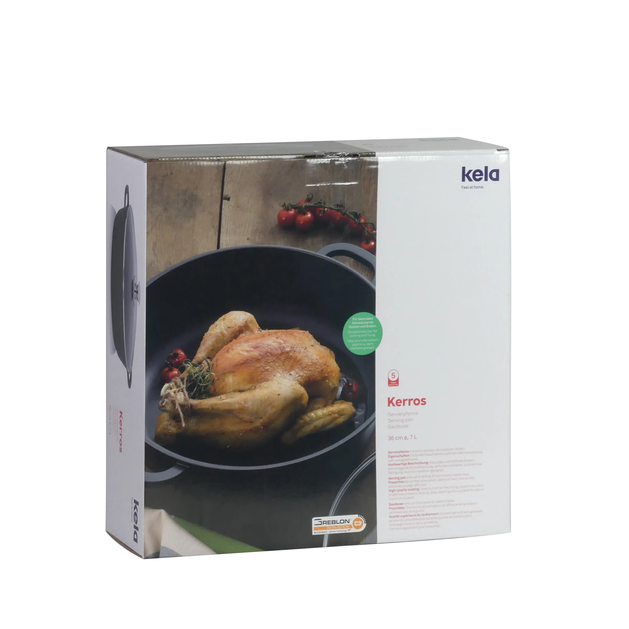 Kela Kerros Bräter 36 cm - Induktionsgeeignete Bratpfanne mit Greblon Beschichtung Kela Kerros Bräter Verpackung mit Hähnchen in schwarzer Pfanne, 36 cm Durchmesser, 7 Liter