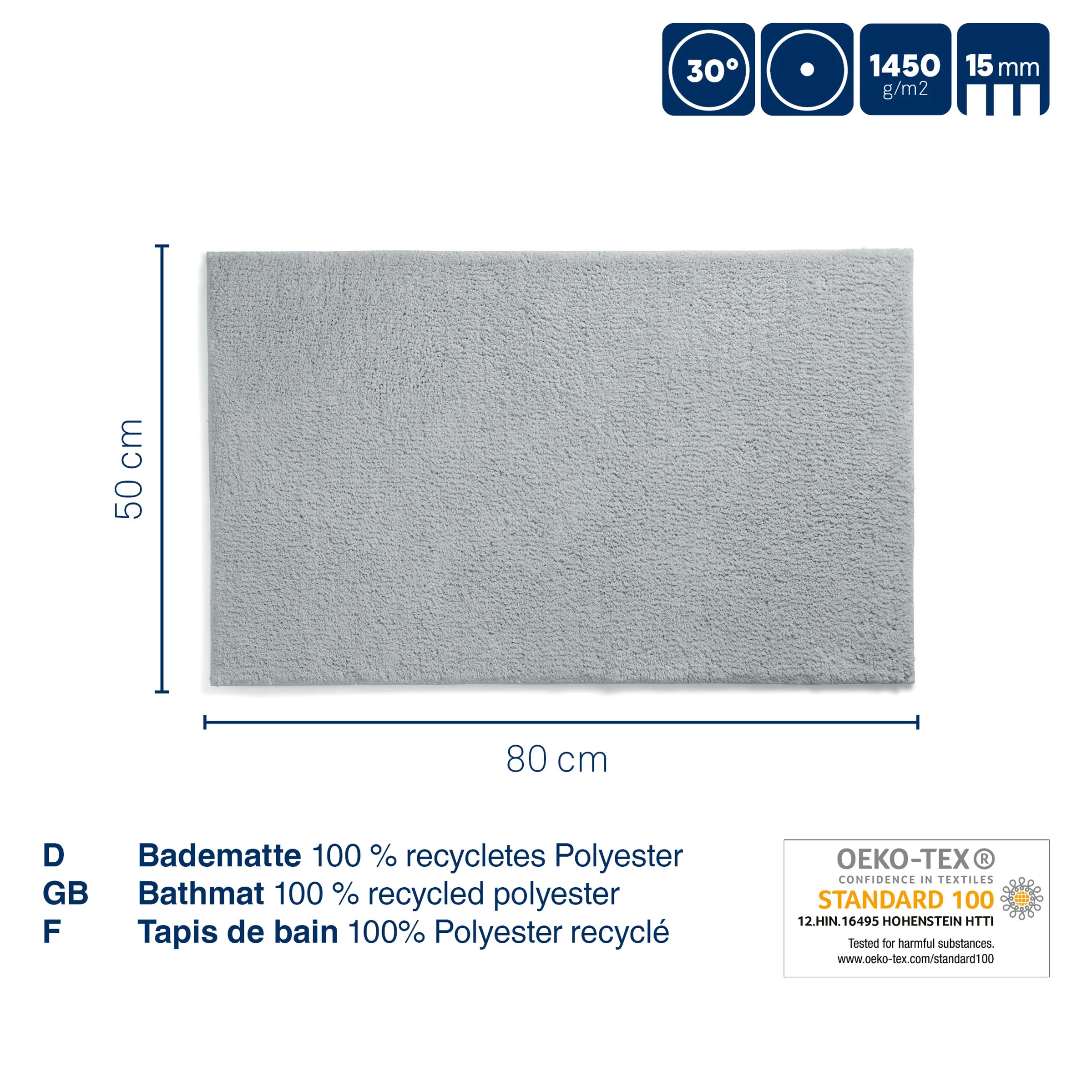 Badmatte recycelt Polyester 80x50 cm Graue Badmatte aus 100% recyceltem Polyester, 80x50 cm, 15 mm Höhe, 1450 g/m2 Gewicht