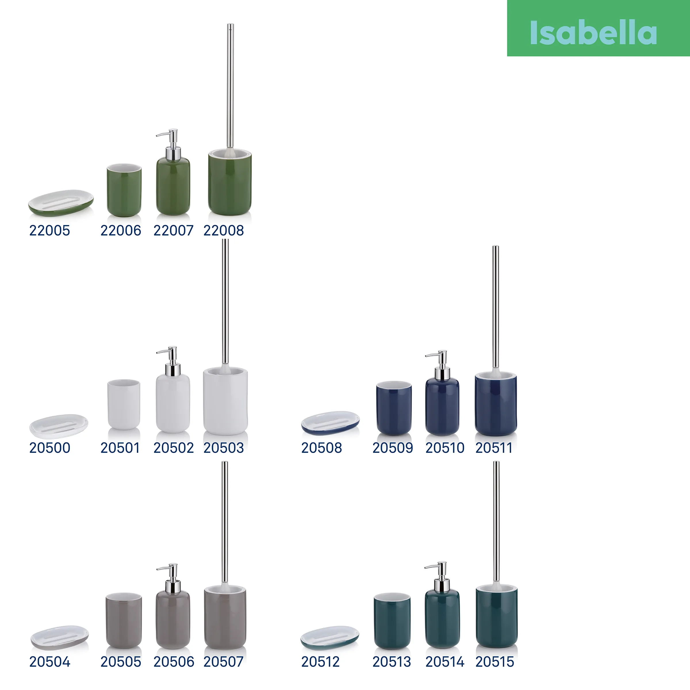 Isabella Badezimmer-Accessoires Set - Seifenspender, WC-Bürste und Zahnputzbecher in verschiedenen Farben Isabella Badezimmer-Accessoires in Grün, Weiß, Blau, Grau und Petrol - Seifenschalen, Spender und WC-Bürsten