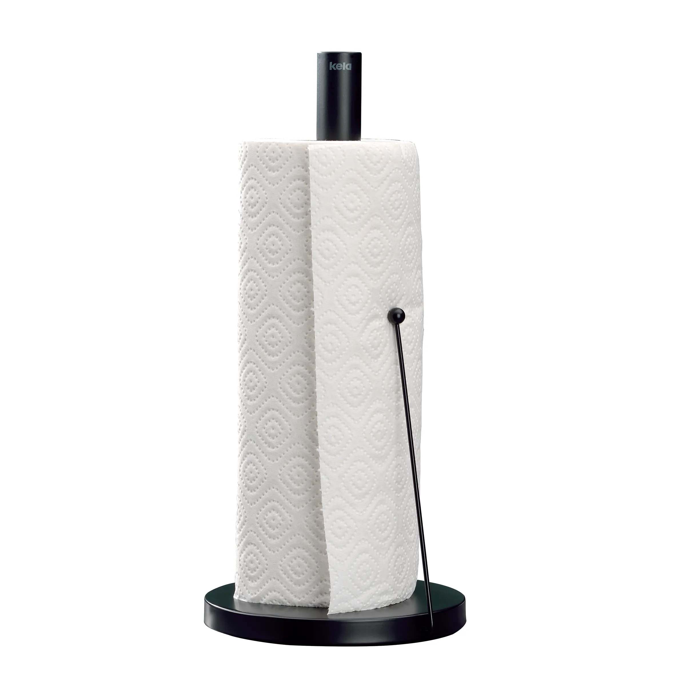 Keta Papiertuchhalter stehend - Moderne Küchenrolle Schwarzer Keta Papiertuchhalter mit aufgerolltem weißem Papiertuch und schwarzem Ständer